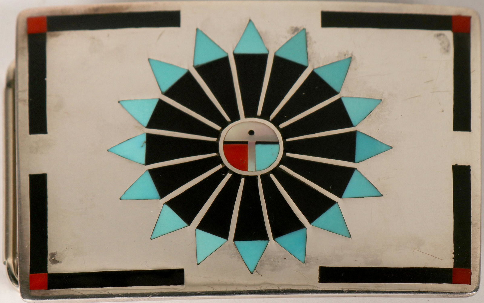 F. L. Natachu Belt Buckle, Vintage (121996): This is a vintage Natachu Family Zuni Sunface inlaid belt buckle, this is a Zuni husband and wife shared hallmark for Fred and Lolita Natachu , the couple specialize in mosaic and channel inlay work i