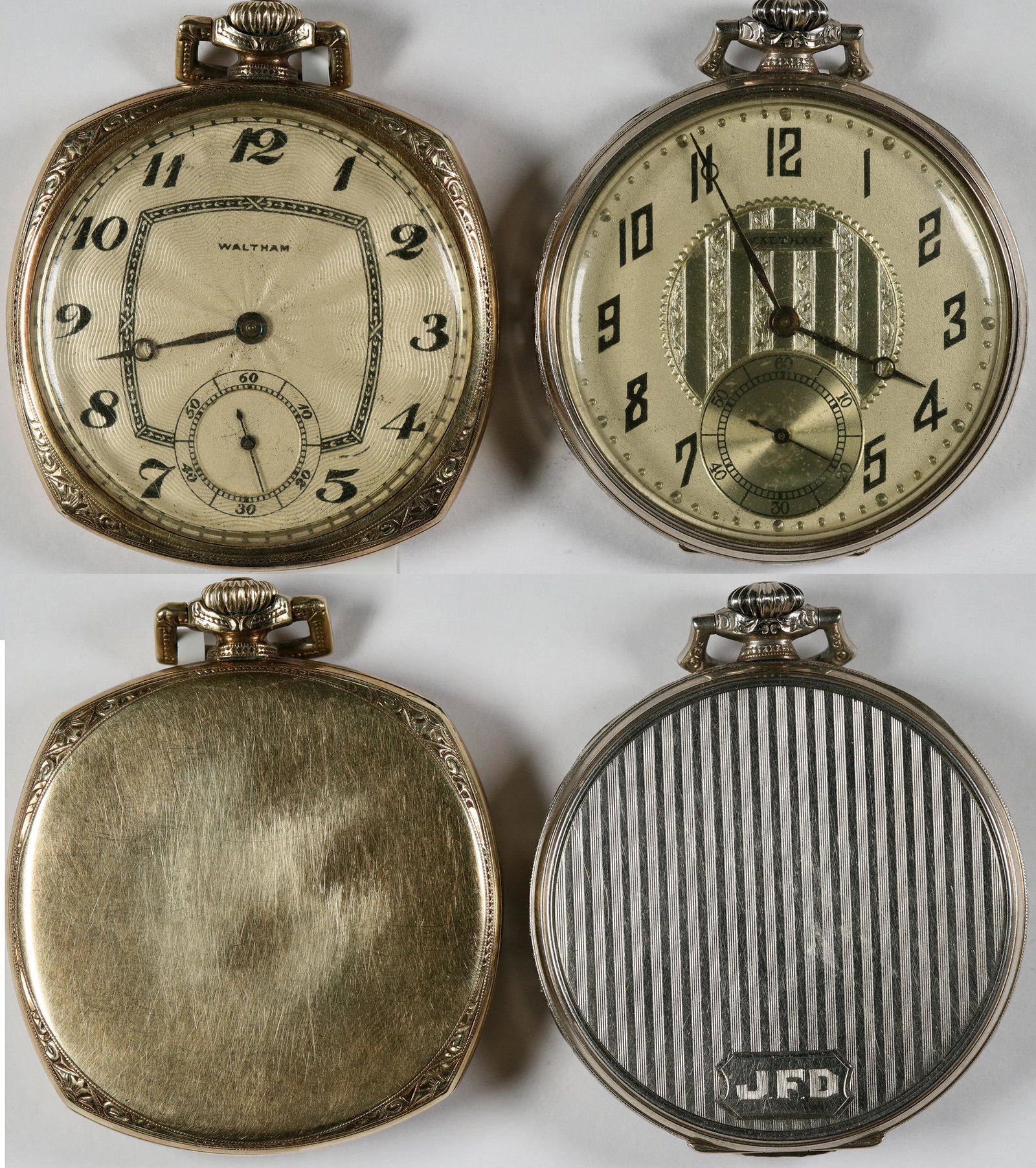 A Pair of Waltham Pocket Watches (121293): Two Waltham size 12 pocket watches, one 14K, the other, gold field, according to testing. The one with squared case has a detached crystal (Included). Both worked upon initial winding. Both are in goo