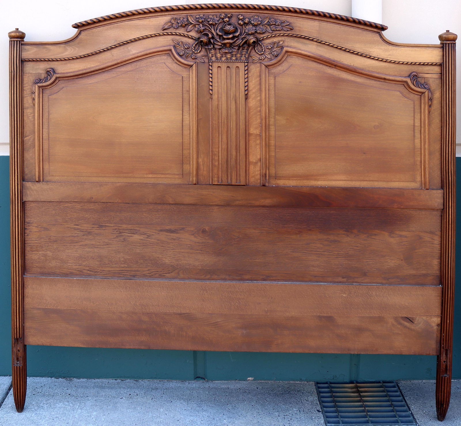 Full Size Antique Bed Frame (119981): A vintage wood bed frame. This is a full-size model that is 57" wide and 72" long. It appears to be from the early 1900's. It is stamped on the back of the headboard "F. Braun Ameuglements" It comes w