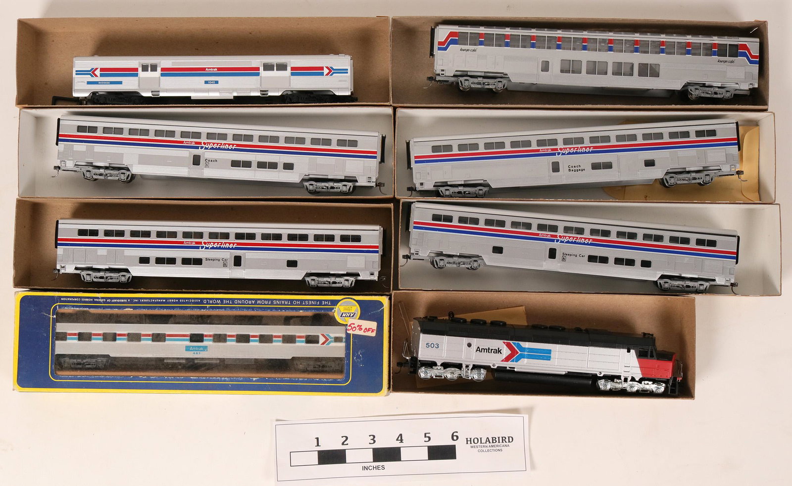 Model Train HO Amtrak Athearn Loco and Rolling Stock: Lot of 8. All in boxes and are c-6 or better. Athearn SDP-45 503. No missing parts, tested and working. Six Con-Cor Superliners cars i.e; coach, diner-cafe, coach-baggage, sleeper. AHM 1930[x=#8217/]s