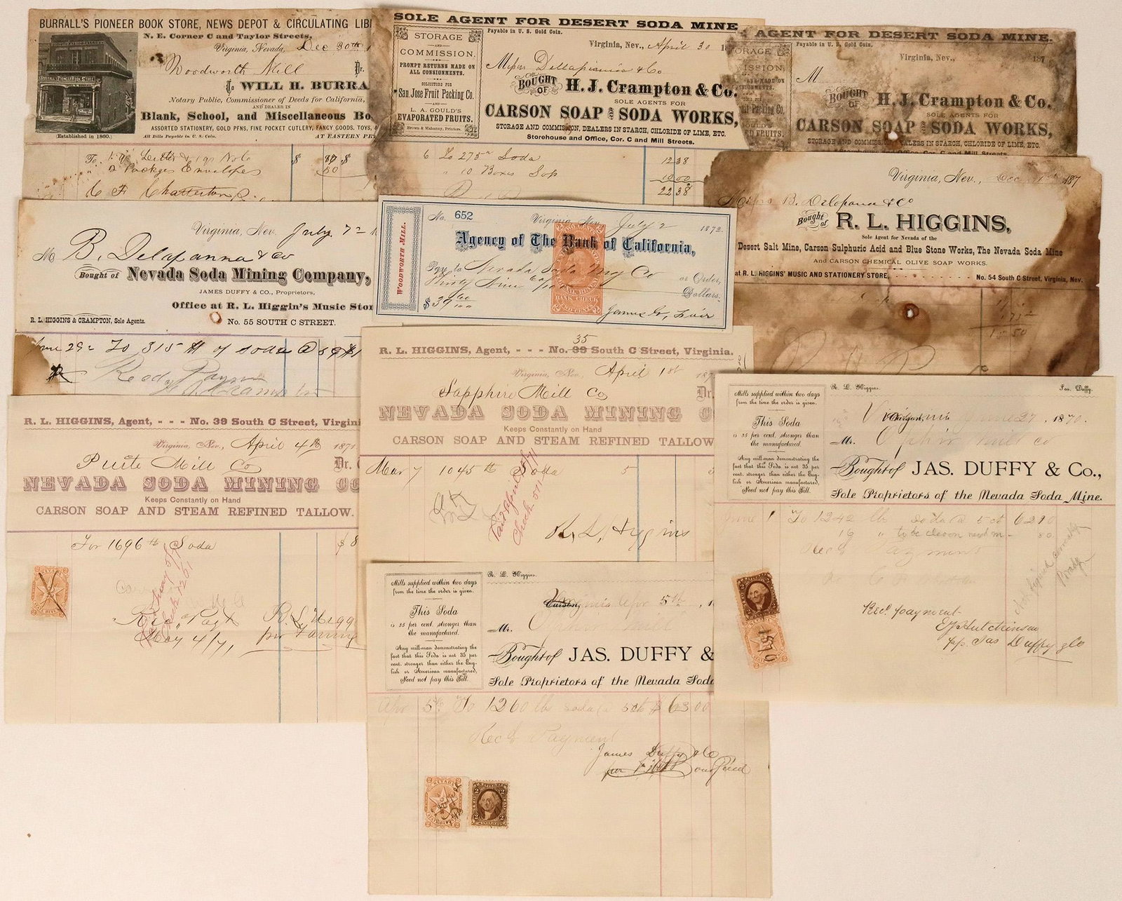 Nevada Soda Works / RL Higgins Archive (113613): Lot of 10. 1) Woodworth Mill check issued to Nevada Soda Mining Company, signed by James G. Fair. Reverse signed "Higgins & Crampton, Agents" RN-E. 1873. 2) Nine billheads. Varying condition. Includes