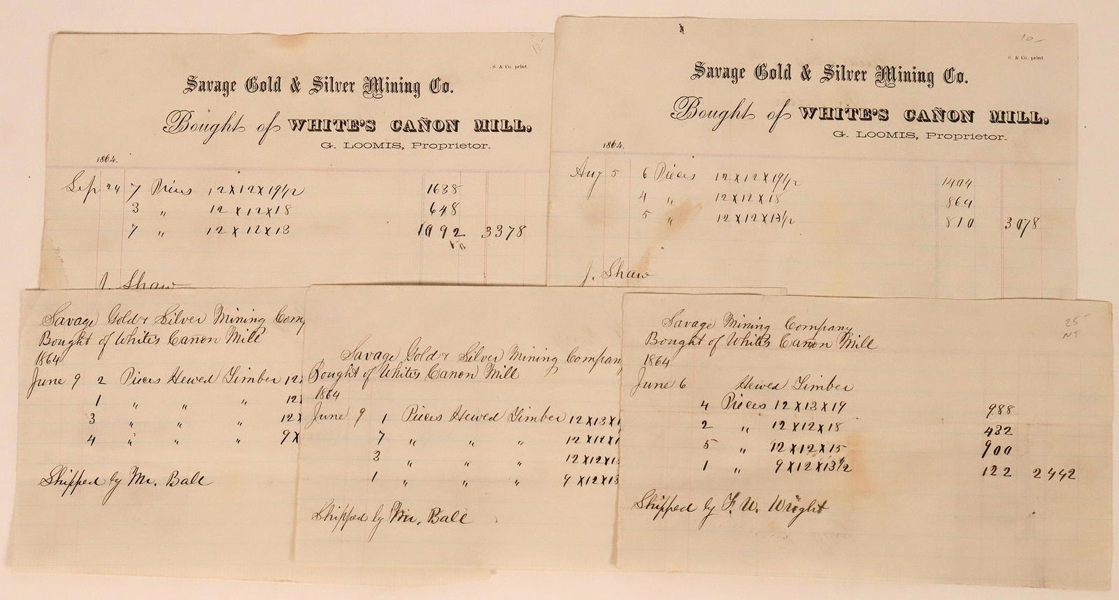 White's Canyon Mill Territorial Ephemera (113496): Lot of 5. Includes two billheads for the Savage Gold & silver Mining Co., "Bought of White's Canon Mill, G. Loomis, Proprietor." Dated August and September 1864 for lumber, before Nevada became a stat