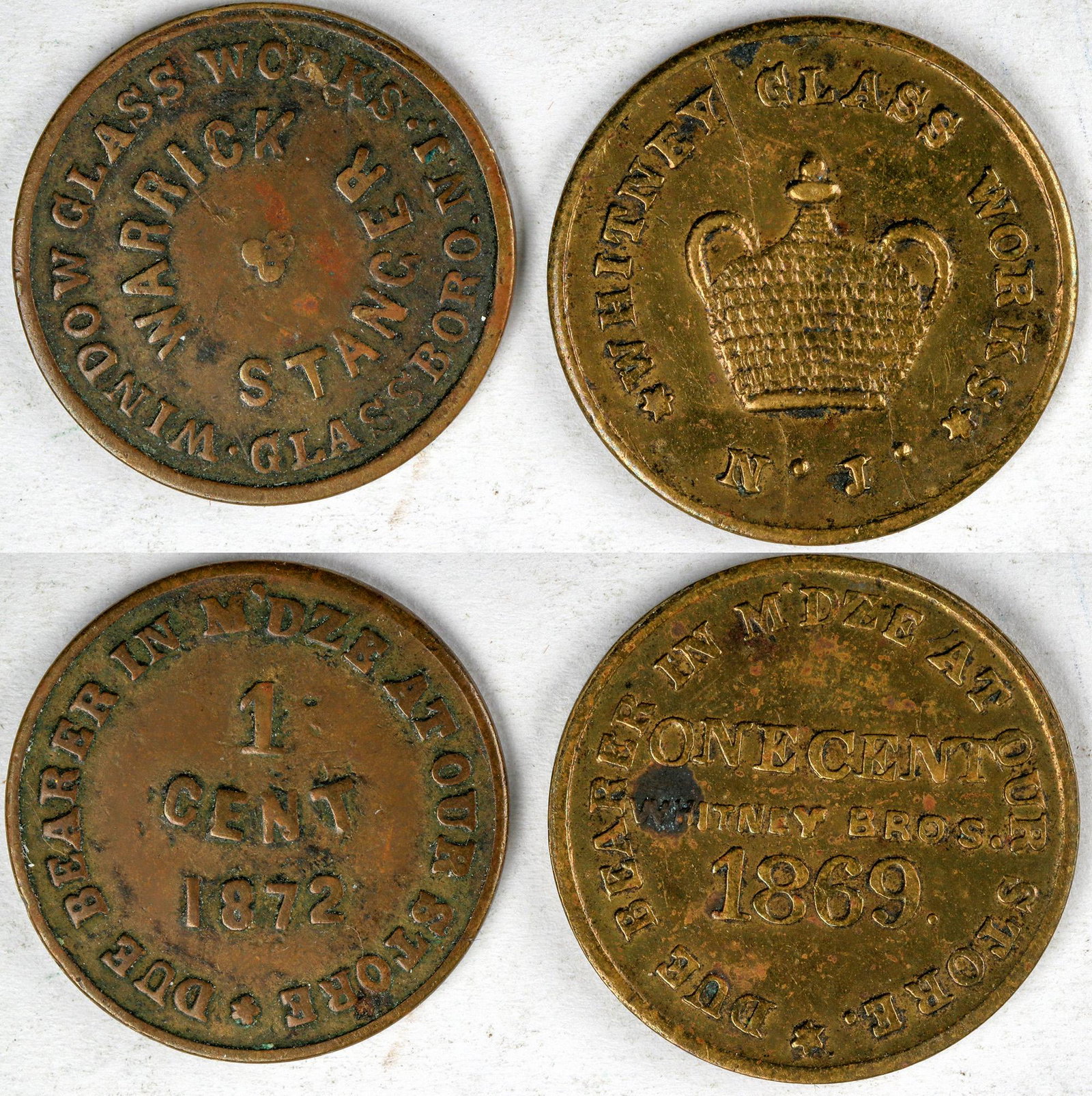 Two Rare Glassworks Tokens - a must for bottle: 1) Window Glass Works / Glassboro, New Jersey / Warrick Stanger // 1 cent / 1872 / Due bearer in m'dze in our store. 2) Whgitney Glass Works / Beaded bottle pictorial / N. J. // 1 cnet / Whitney Broth