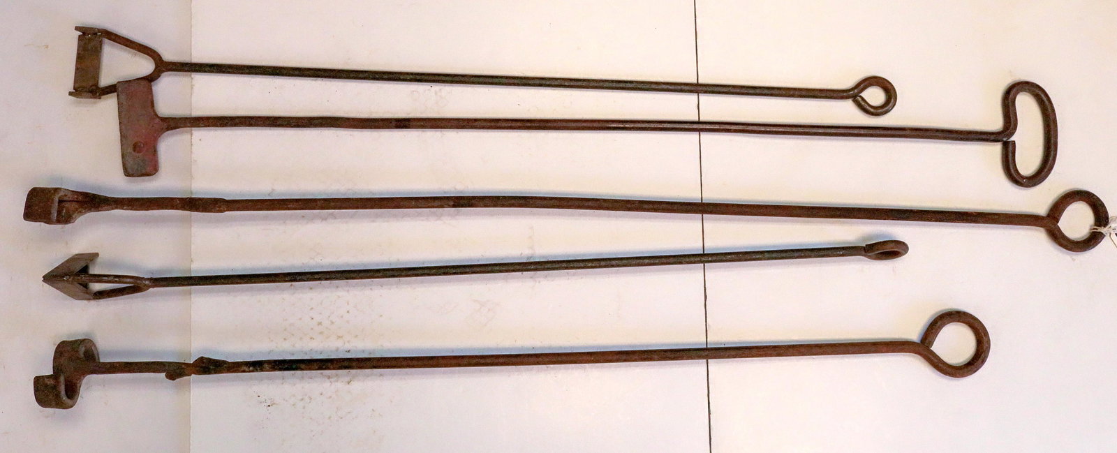 Branding Iron Set, A F I S Bar (110573): Set of five old branding irons, approx 35 to 46 inches long, including the letters A, F, I, S, and a Bar.Date: Country if not USA: State: MontanaCity: Provenance: