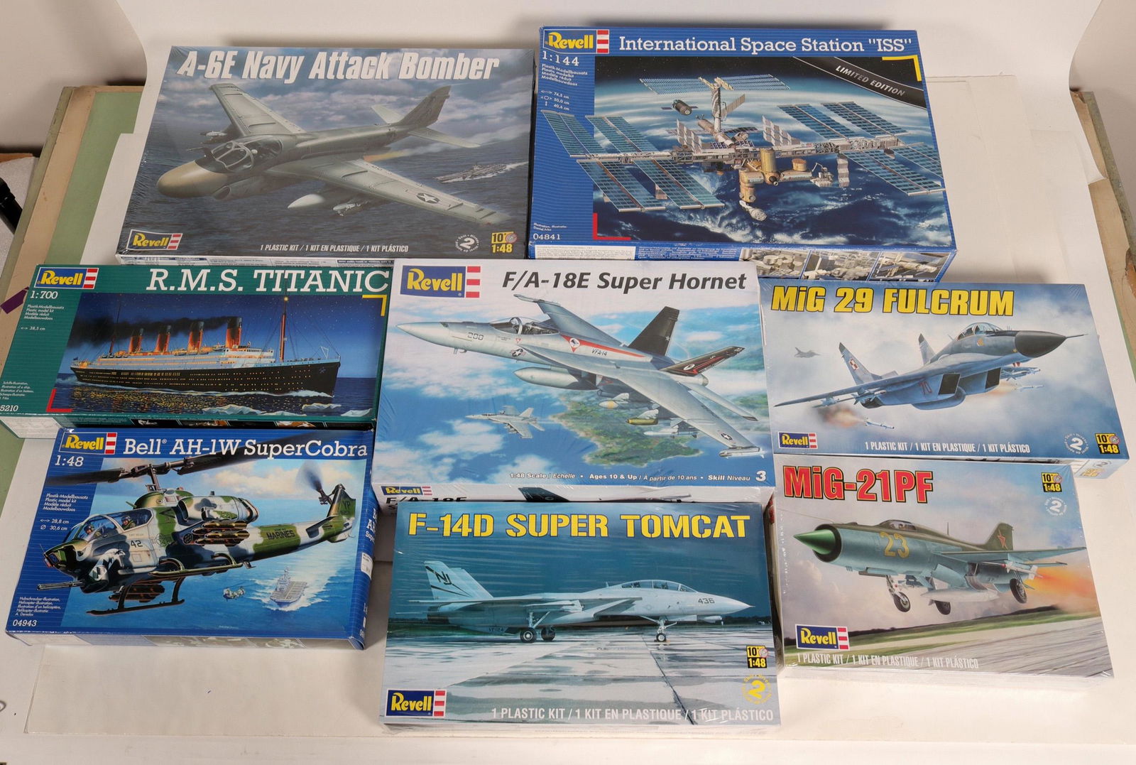 Model Airplanes & Ships by Revell (8) (108514): 8 model kits by Revell: 1) Mig 29 Fulcrum original box unopened; skill level 2, 1 plastic kit; 2) Mig-21PF, original box unopened; skill level 2; 3) F-14D Super Tomcat, box is unopened; skill level 2;