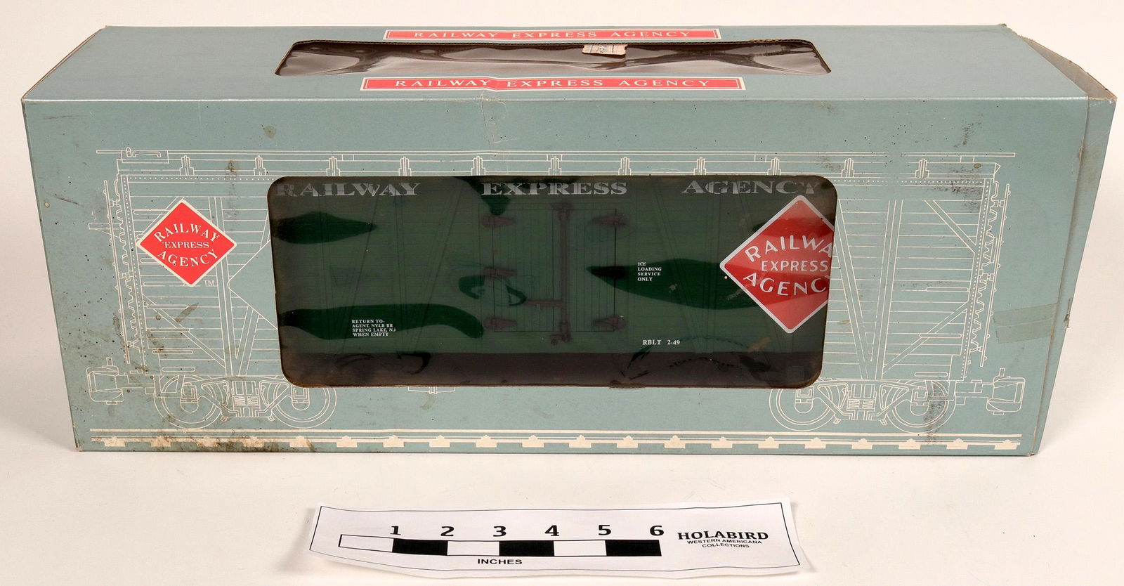 Model Train: G Scale Box Car (121054): NIB Railway Express Agency Box Car by Polk[x=#8217/]s Model Craft Hobbies, Inc.. Green w/ Tuscan top.Date: Country if not USA: State: City: Provenance: