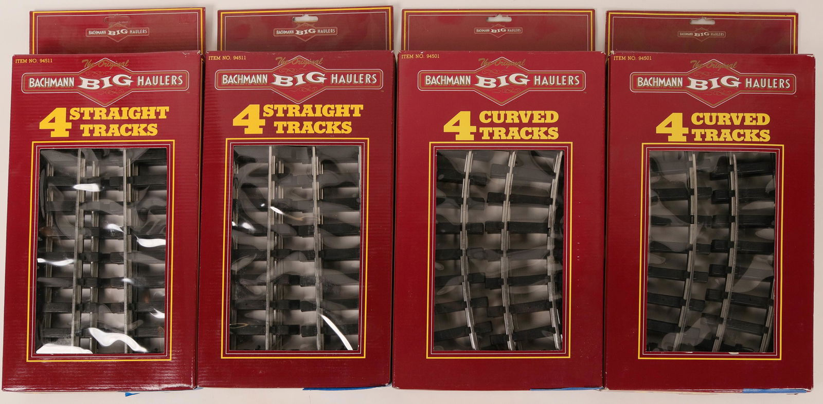 Model Train: G Scale Track NIB (117775): Lot of 4 boxes. NIB, Bachman Big Hauler G Scale track. 4 Boxes, 4 track in each box. 2 boxes of curved and 2 boxes of straight.Date: Country if not USA: State: City: Provenance: