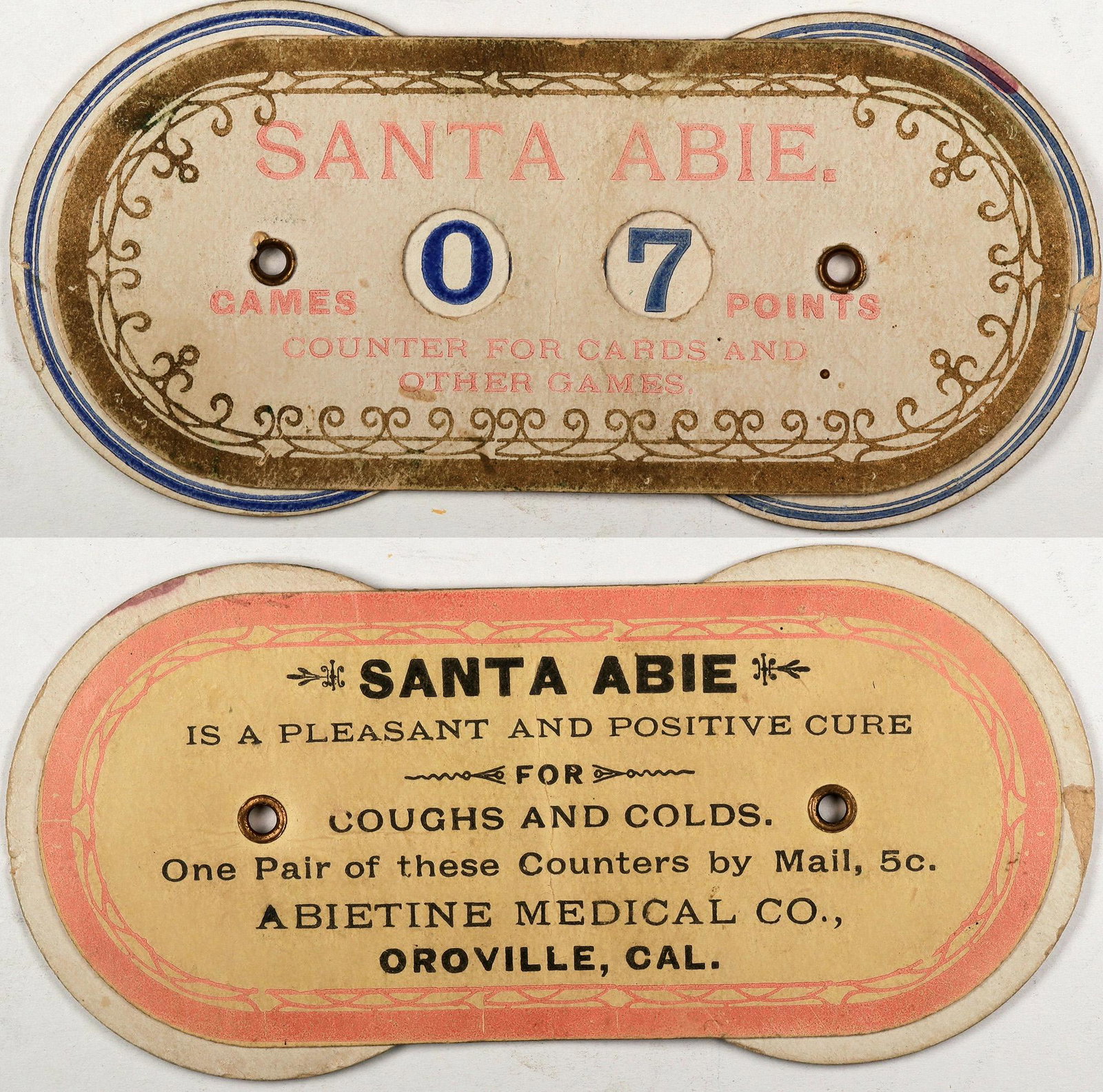 Advertising Gaming Counter Wheel, Santa Abie (123084): Here is a way to keep score. Two turning wheels. Santa Abie cures Asthma, Coughs, Bronchitis and all diseases of the throat, chest and lungs! Abietine Medical Company. You can get one of these handy s