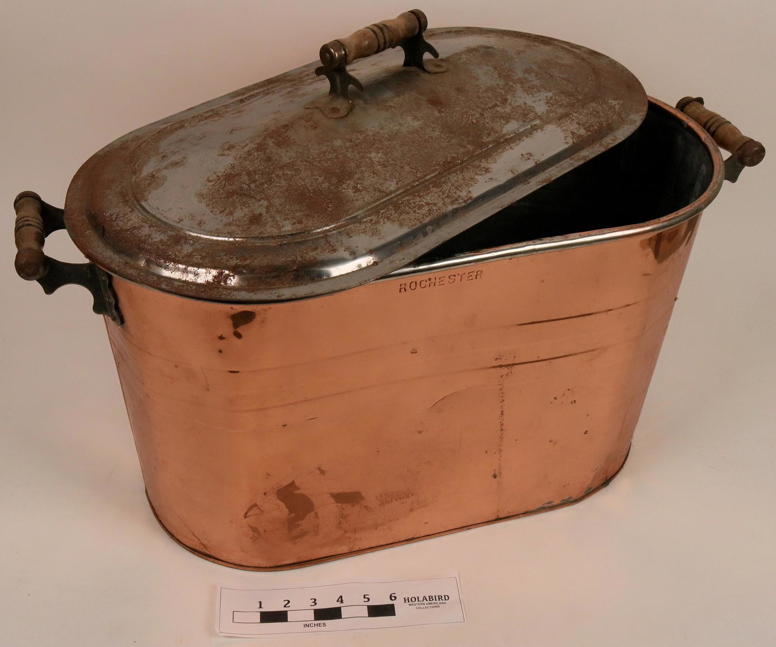 Copper Bin with Embossed Top, Hennessey Company: 2[x=#8217/] x 18[x=#8221/] x 14[x=#8221/]Date: c1930'sCountry if not USA: State: MontanaCity: ButteProvenance: