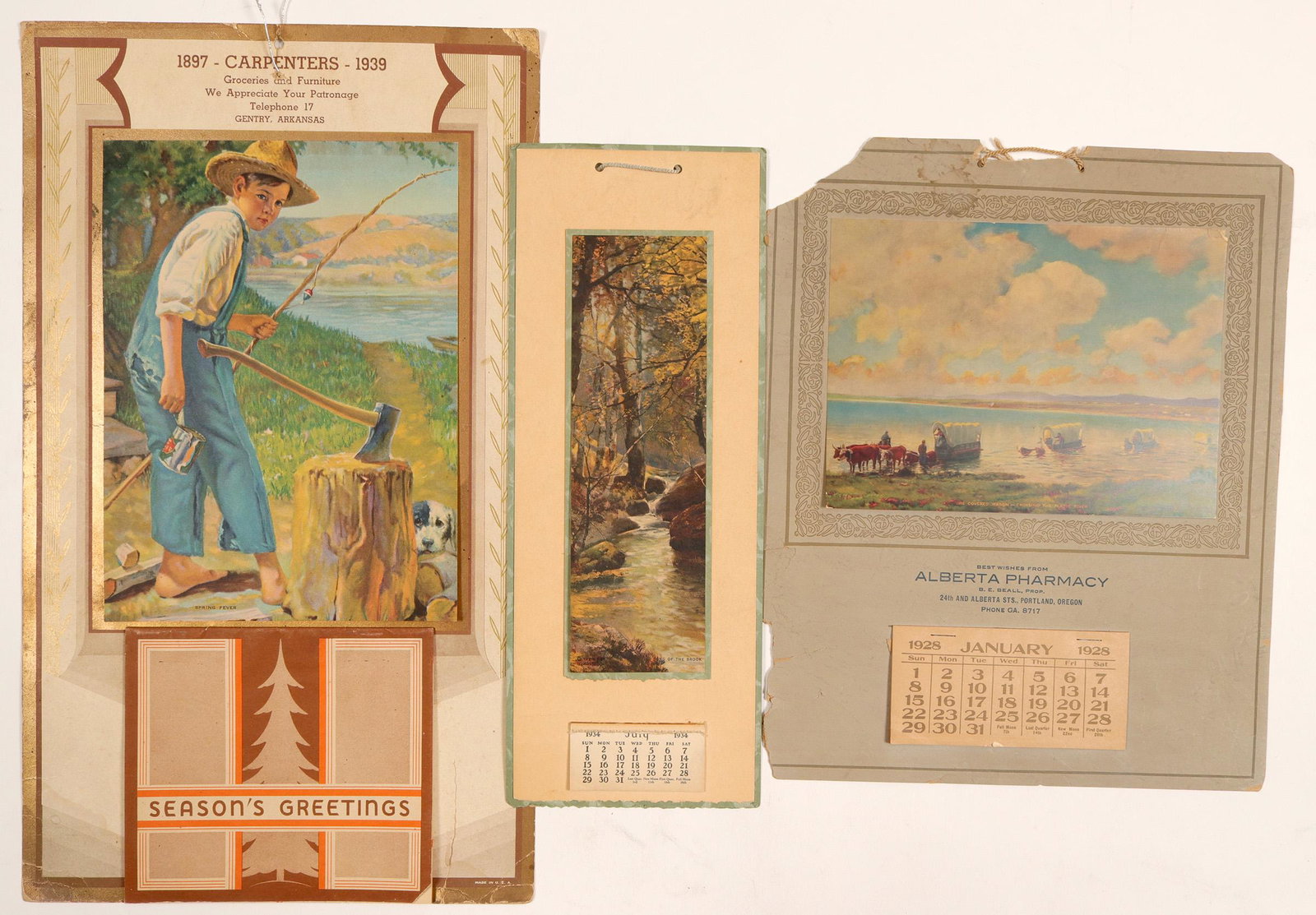 Advertising Calendars Ã± Vintage! (3) (102750): 3 calendars from 1928,1934,& 1939. 1 is from Laws' Grocery & Market, the others from Alberta Pharmacy, Portland, Oregon, & the larger one is from Gentry, Arkansas, Carpenters Groceries & Furniture.Dat