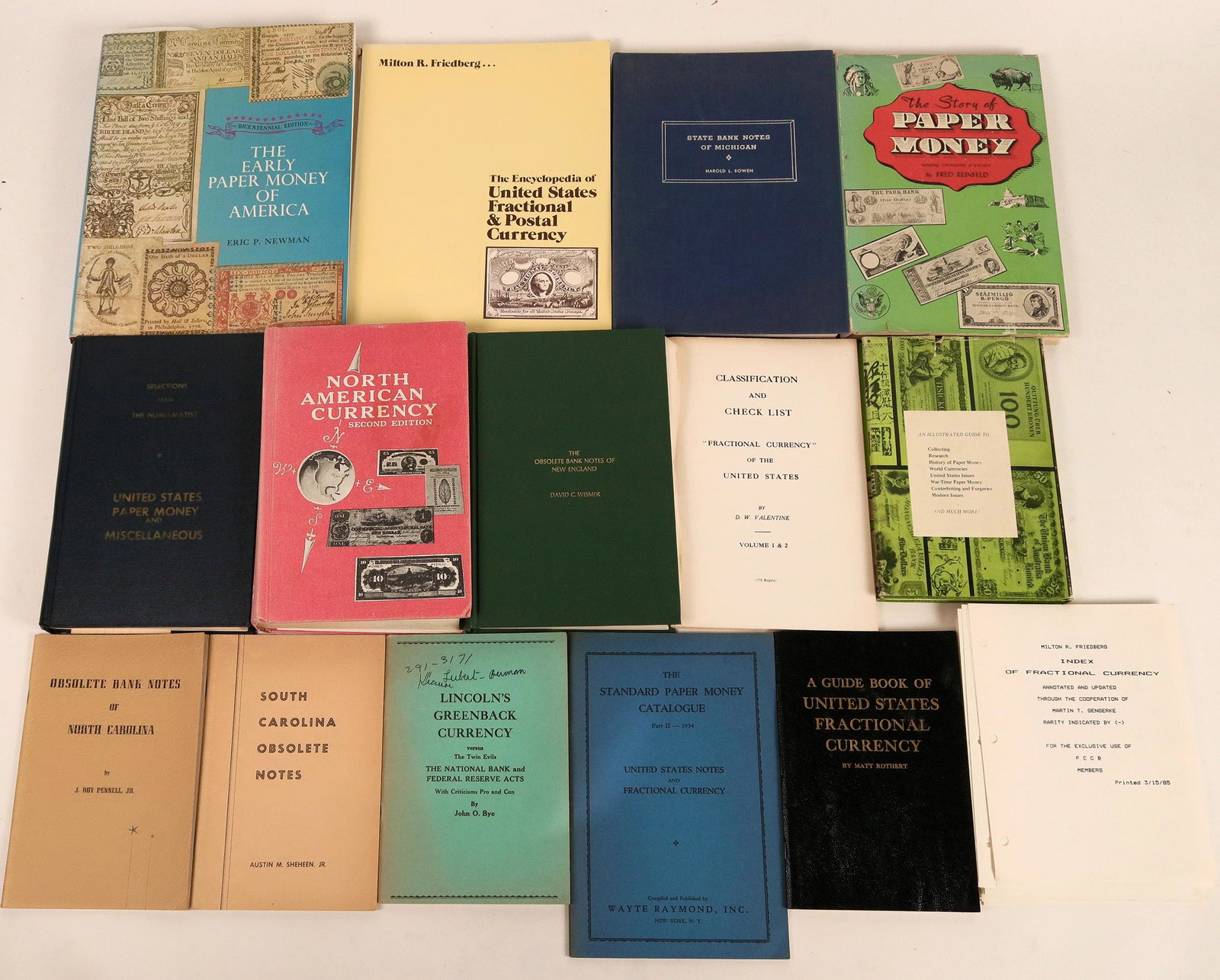 U.S. Currency Historical Library (15 Books) (118936): U.S. Currency historical library consisting of 15 books. Lot includes: "The Obsolete Bank Notes of New England," David C. Wismer, 1972, Quarterman Publications, Inc., Boston, MA; "A Guide Book of Unit