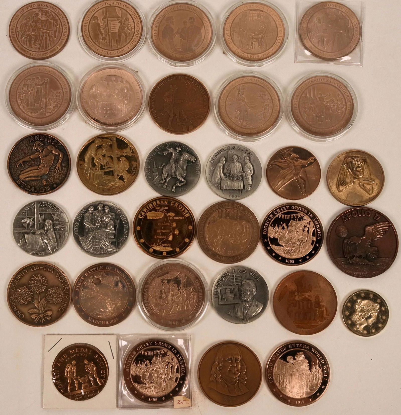 US Modern Historical Event Medals (122550): Brass and Nickel Medals depicting the Development of Industry; the US enters WW Completion of the Erie CanaI; Impeachment of President Johnson; Death of John Marshall; A variety of 30 medals covering