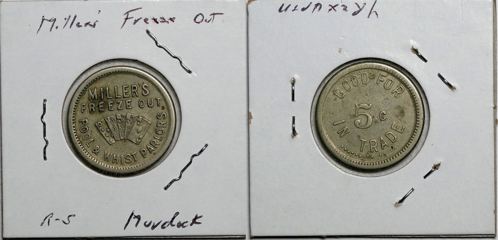Royal Flush Token (121423): Miller's / Freeze Out / (pictorial royal flush) / Pool & Whist Parlors // Good For / 5c / In Trade. Rd., wm, 22 mm.Date: Country if not USA: State: City: Provenance: Benjamin Fauver Collection