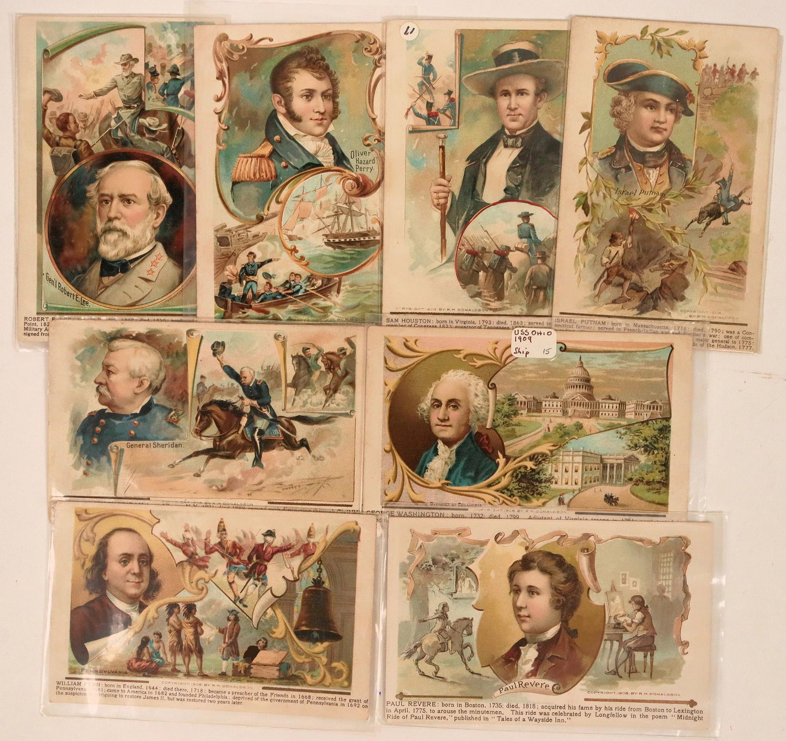 Political Postcards from 1908 Published by R.M.: Beautiful color postcards copyright 1908 by Donaldson. Pictured are William Penn, Paul Revere, George Washington, General Sheridan, Israel Putnam, Sam Houston, Oliver Hazard Perry and Robert E. Lee. E