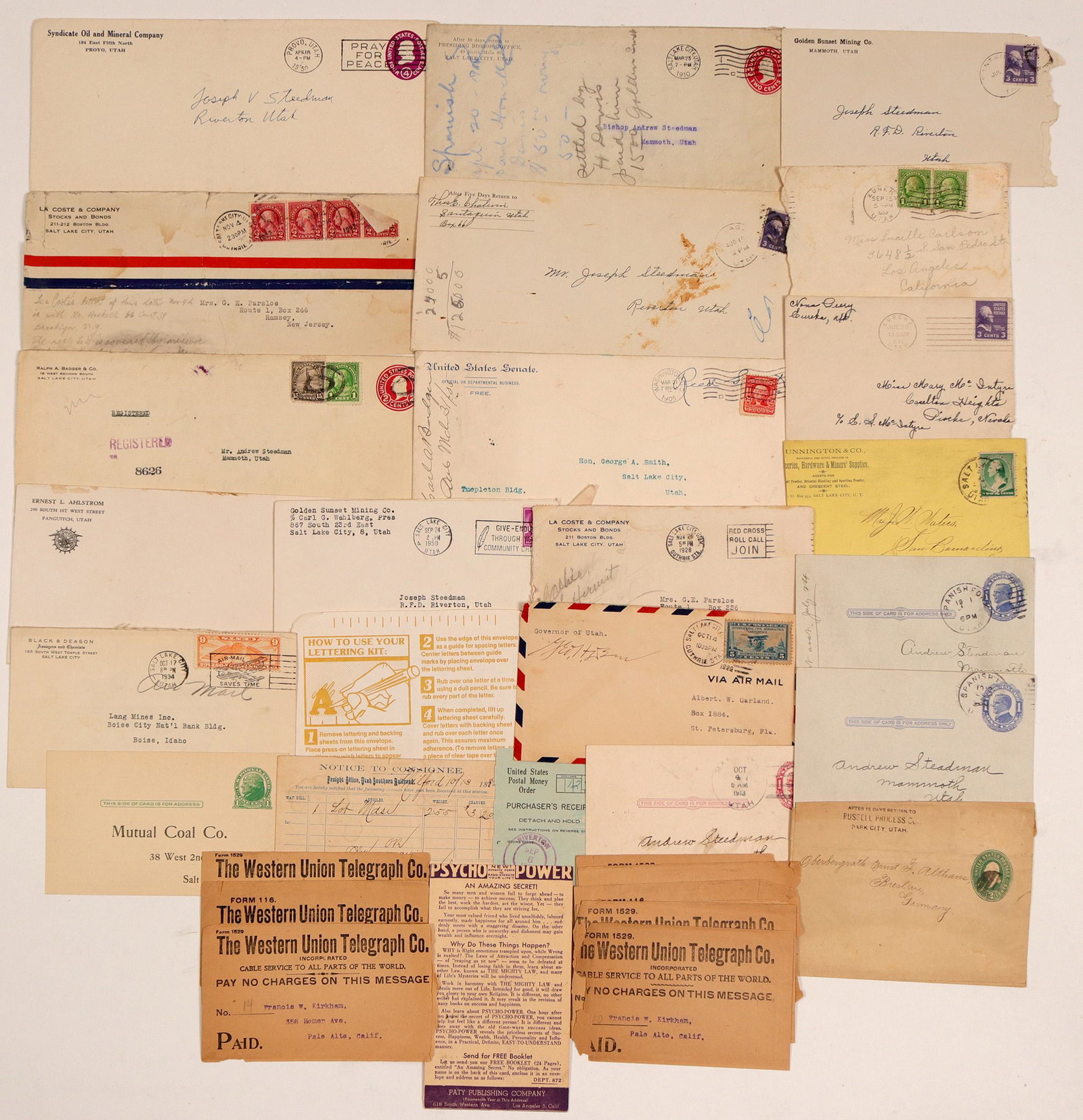 Postal History Ephemera Includes Western Union: Western Union Telegraph covers; Airmail envelopes with stamps; 1 US. Senate Cover to the Hon. George A. Smith, Salt Lake City, Utah; Envelope from Syndicate Oil and Mineral Company of Provo, Utah date