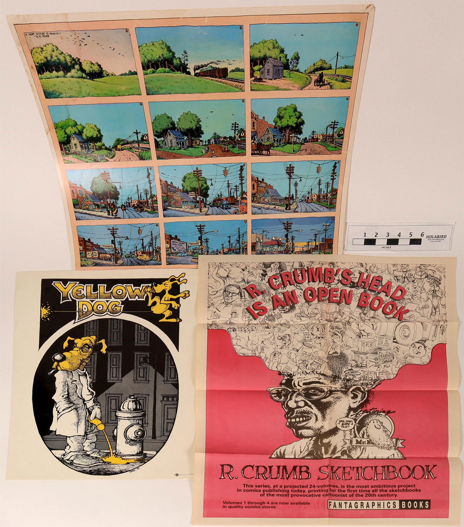 Robert Crumb Posters (122043): Three examples of counterculture artist Robert Crumb. First we have a 22"x 16" rendition from the underground comic character "Yellow Dog." Copyrighted 1970, this piece is in good condition save for s