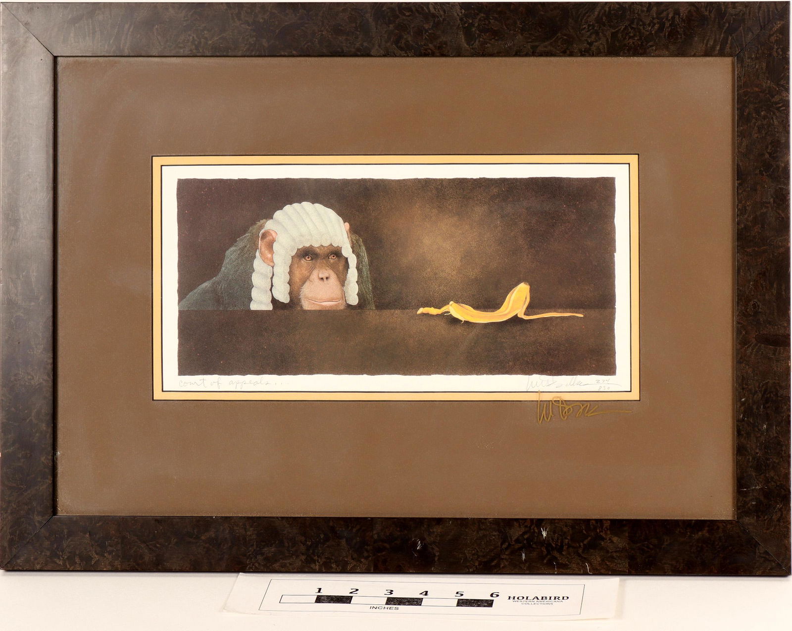 Court of Appeals - Signed Print by Will Billas: Humorous signed and numbered print by artist Will Bullas, 1994, double signed -- once on the print and again in gold directly on the glass. A professional artist and Viet Nam veteran, Will Bullas has