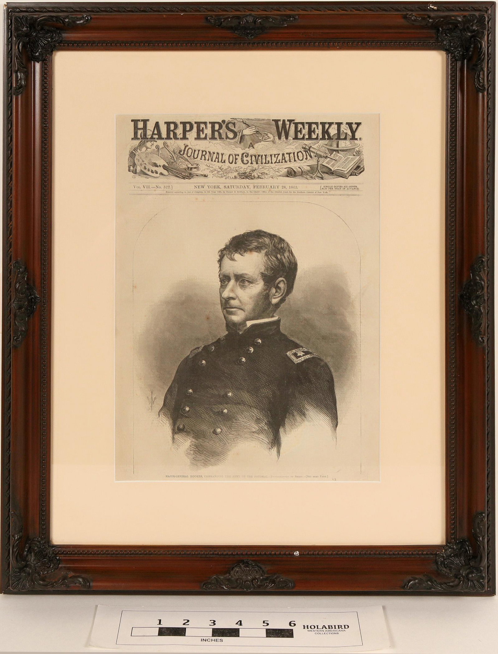 Major-General Hooker, Framed from Harper's Weekly Cover: Cover engraving from the February 28, 1863 issue of Harper's Weekly Journal of Civilization with a chest-high portrait of Major-General Joseph Hooker (November 13, 1814 [x=#8211/] October 31, 1879) of