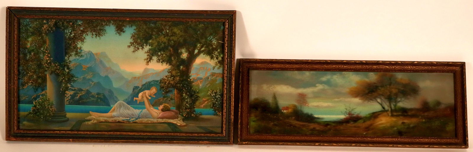 Two Vintage Arte Deco Prints (117700): 1) Vintage lithograph in original art deco frame, "Love's Paradise" by R. Atkinson Fox. Copyrighted, 1925, Chicago. Frame has minor damage: 11.5" x 19.75". Frame has minor damage. 2) This piece appear