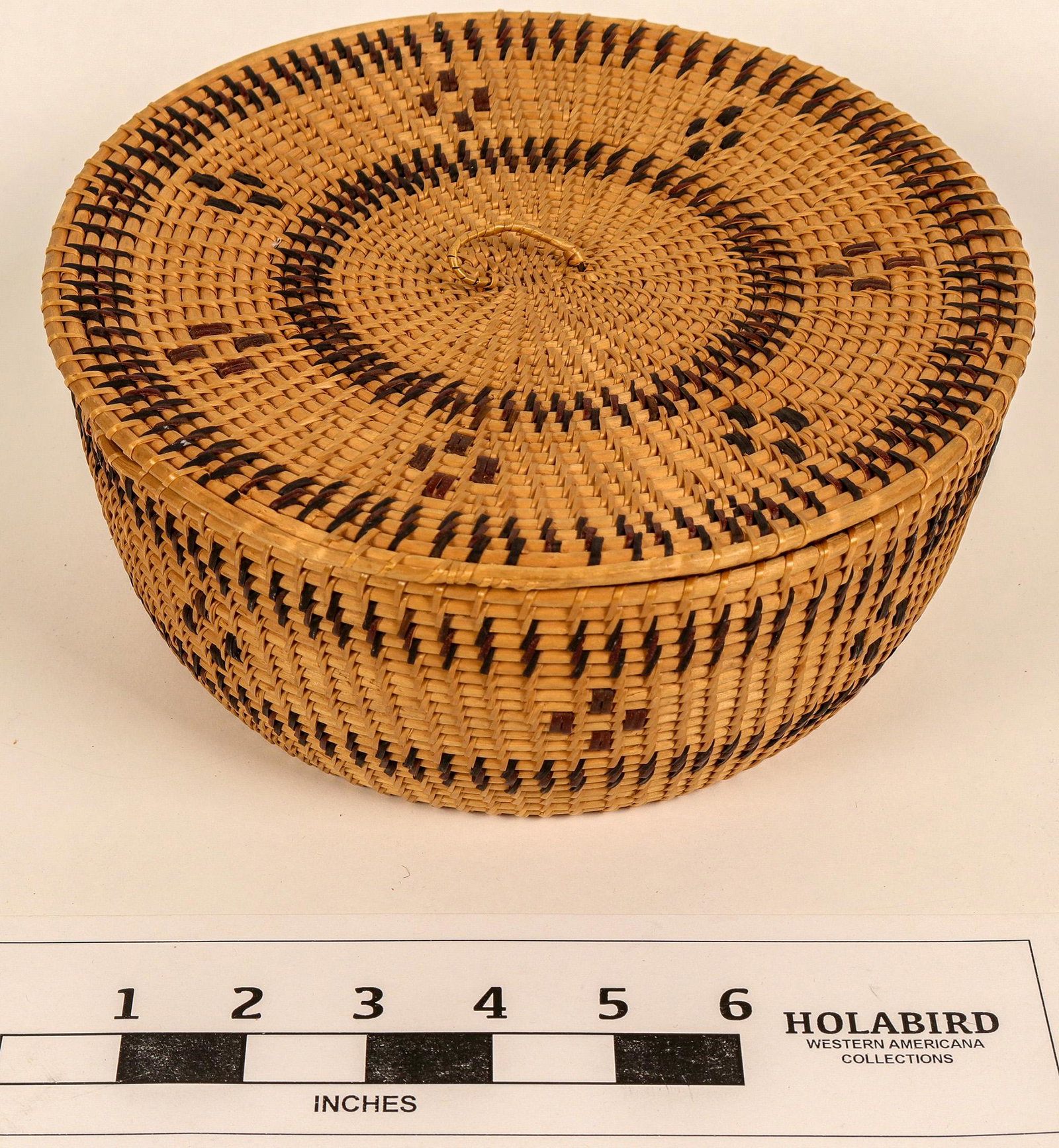 Washoe Lidded Polychrome Basket (124480): 8.75" diameter 4.5" tall. Some missing stitches on the lid along the edge. Polychrome; red bud, bracken fern with willow foundation. No Rit dye. Two polychrome bands with classic coyote symbol in betw