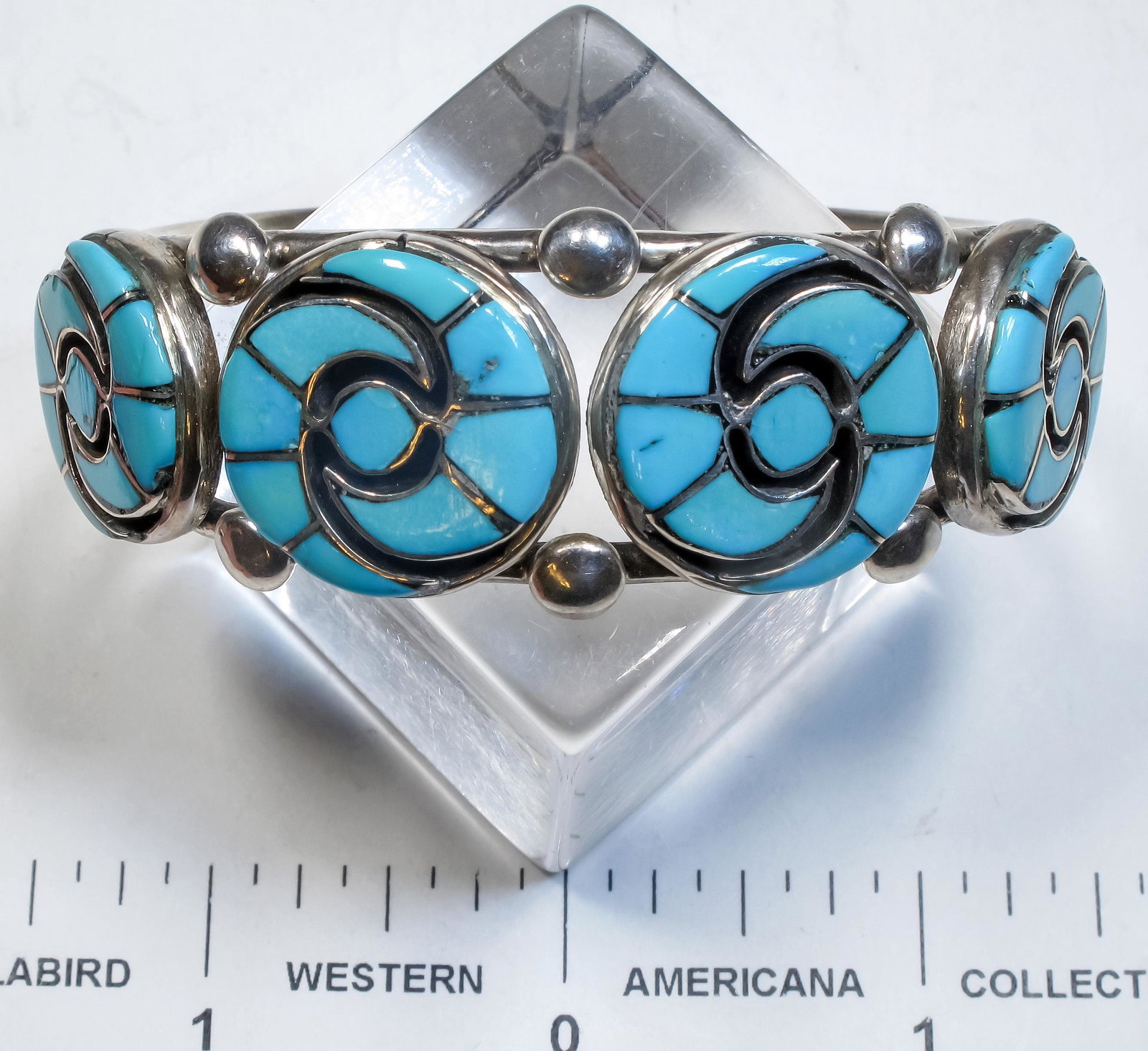 Annie Quam Gasper Inlaid Zuni Turquoise Bracelet: This is a beautiful inlaid style turquoise bracelet in a mosaic pattern, the artist is Zuni silversmith Annie Quam Gasper ,she began producing in 1955 and was influenced by Horace Lule[x=#8217/]s work