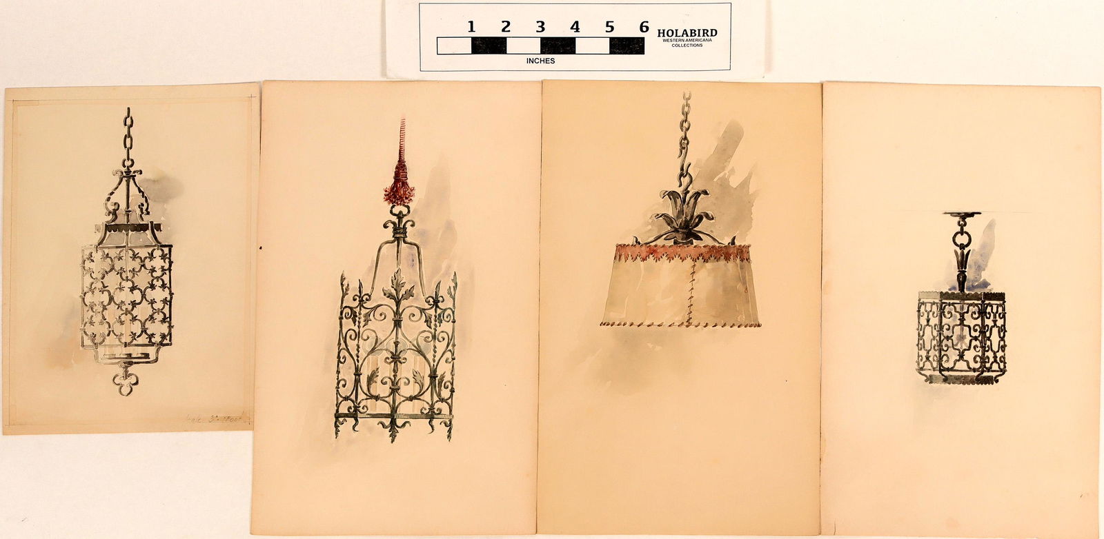 Lamp Design Watercolors (4) (124600): Four designs for hanging lamps rendered in watercolor from the interior design firm Leslie Co. as prepared for early Pasadena, California, homes. One approx 7-1/2 x 11, three are 8-1/4 x 14-1/4 inches