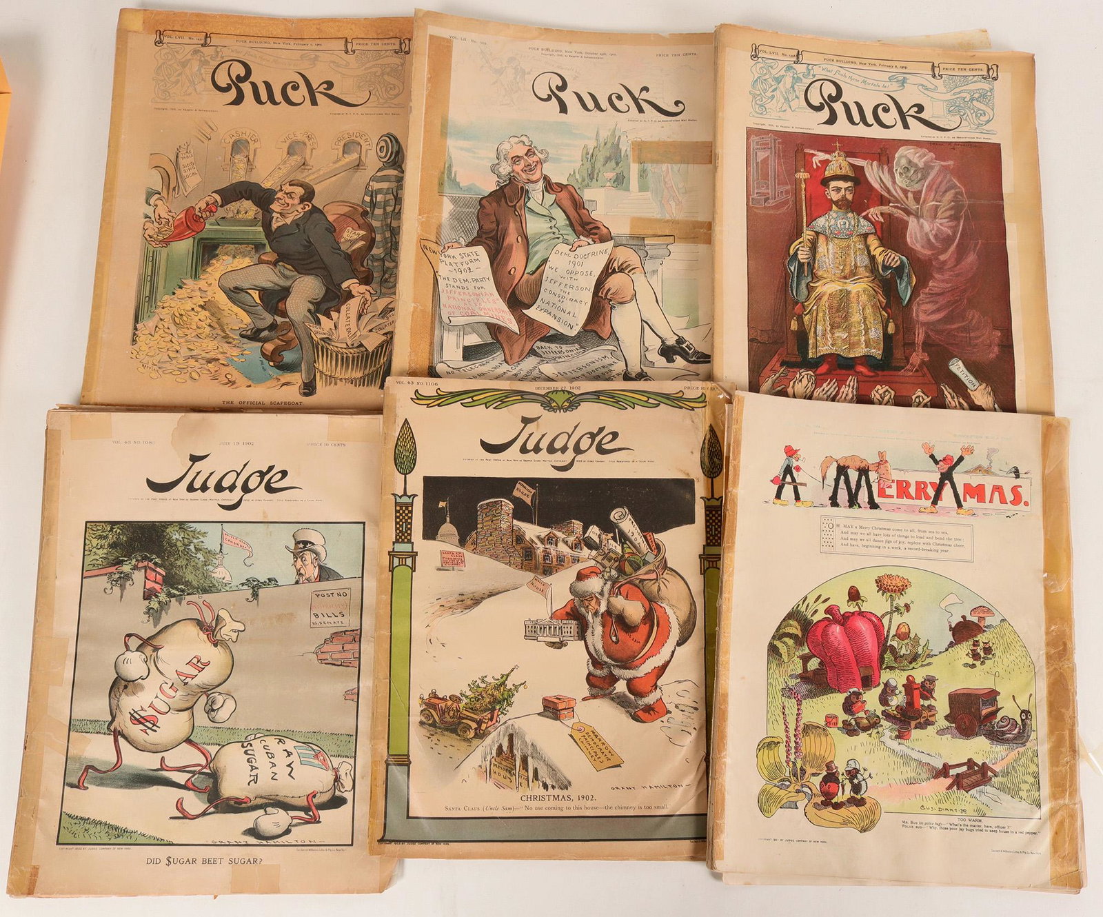 Puck and Judge Magazines (6) (124640): Three copies of Puck and three copies of Judge humor magazines from the 1900s. See photos for condition details. Approx 10-3/4 x 14 inches.Date: 1901-1905Country (if not USA): State: City: Provenance: