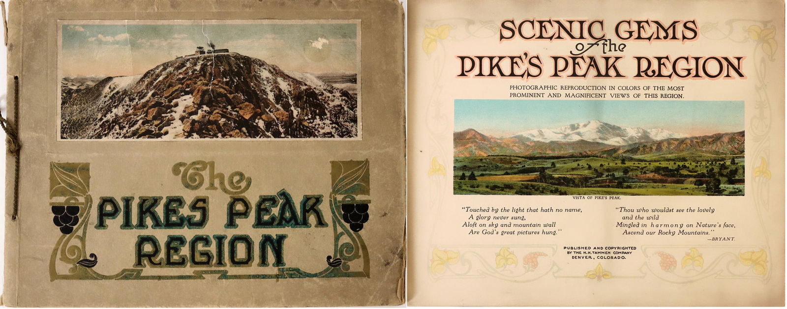 The Pikes Peak Region Illustration Book (120352): The Pikes Peak Region 1920 book, color illustrated w/story on each illustration. 30 pages, string bound. Outside covers show some age. Inside are in good condition. Date: 1920Country (if not USA): Sta