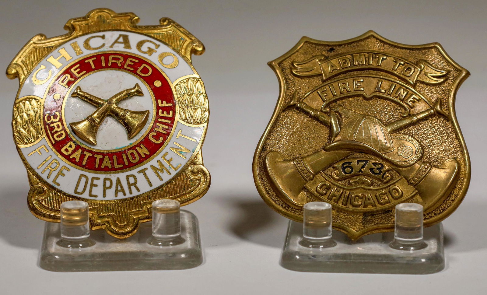Badges from the Chicago Fire Deparment (2) (125313): 1) Retired 3rd Battalion Chief - Presented to John H Zacher - Entered February 6, 1915 - Retired on April 1, 1949; 2) Fire Line Pass - No. 673Date: circa 1915-1949Country (if not USA): State: City: Pr