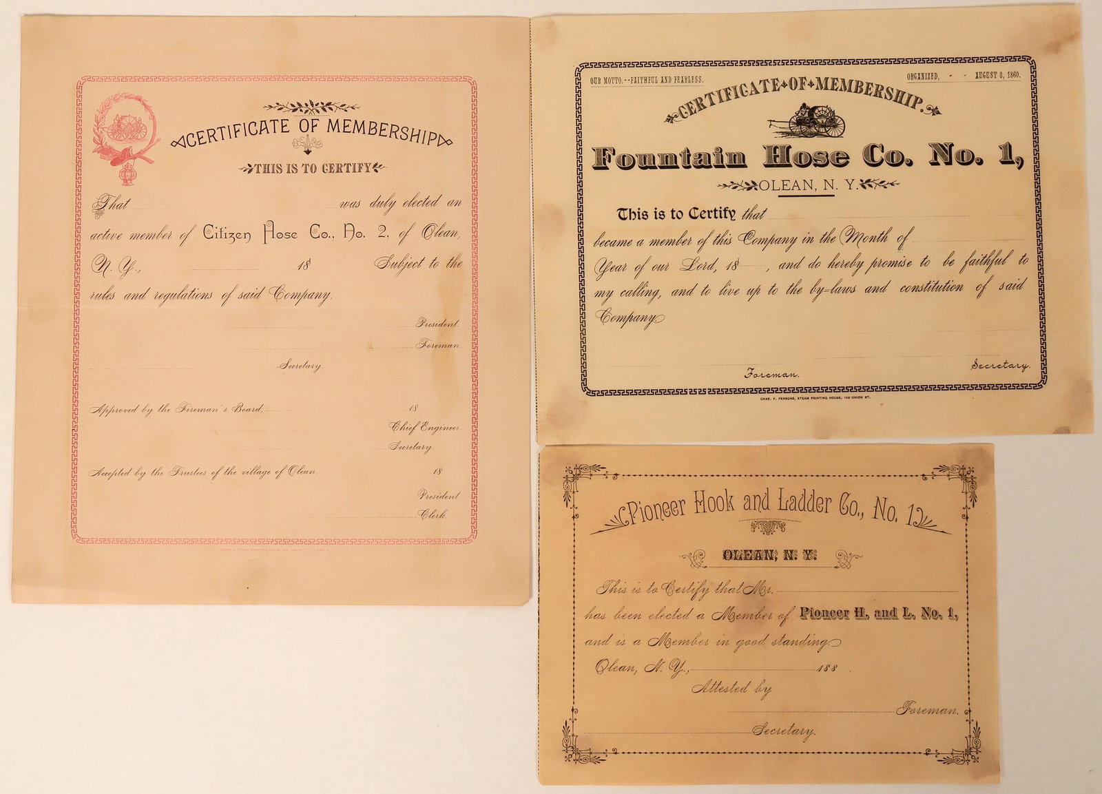 Certificates of Membership (Unused, 3) (125631): 1) Pioneer Hook & Ladder Co. 1, Olean, NY; 2) Fountain Hose Co., No. 1, Olean, NY; 3) Citizen Hose Co., No. 2, Olean NY.Date: circa 1880Country (if not USA): State: City: Provenance: