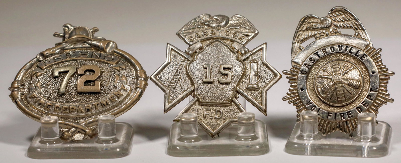 Fire Department City and/or Town Fire Dept. Badges from: 1) Fresno, No. 72 -2"w.; 2)Saratoga No. 15 - 2" w.; 3) Castroville, Volunteer Fire Dept. 2"w.Date: Country (if not USA): State: City: Provenance:
