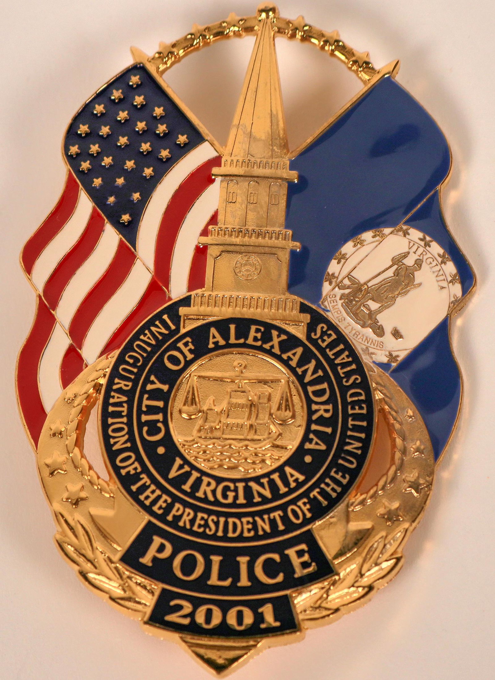 City of Alexandria Inaugural Badge (121853): Georg W. Bush first 2001 Presidential Inauguration badge by Collinson.125[x=#8221/] solid brass, polished gold and rhodium plate with multiple colors. Beautiful design w/ cut outs. Top: stars over Ale