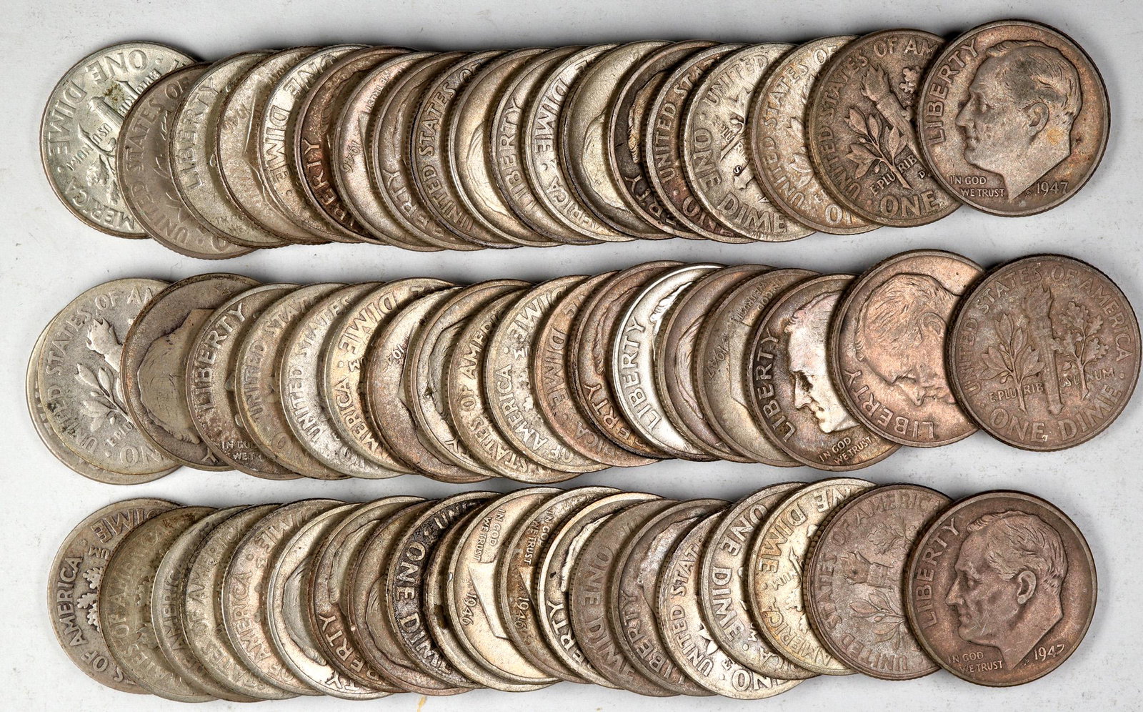 Roosevelt Dimes 1946-1947 (122604): Roosevelt dimes minted 1946-7: 1946: (2 EF); 1946-D: (3 AU); 1946-S: (29: 16 F, 8 EF, 5 AU); 1947: (3: 1 EF, 2 Unc.); 1947-D: ( 3: 2 EF, 1 AU); 1947-S: (18: 12 F, 5 EF, 1 AU). Total 58 silver dimes. D