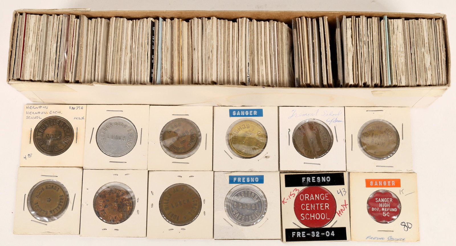 Tokens Fresno County Schools Lunch/Cafeteria Collection: A major and rare collection of 120 lunch/cafeteria tokens from many schools in Fresno County and surrounding areas, including: American Union School; Woodrow Wilson School; Wolters School; Wishon Scho