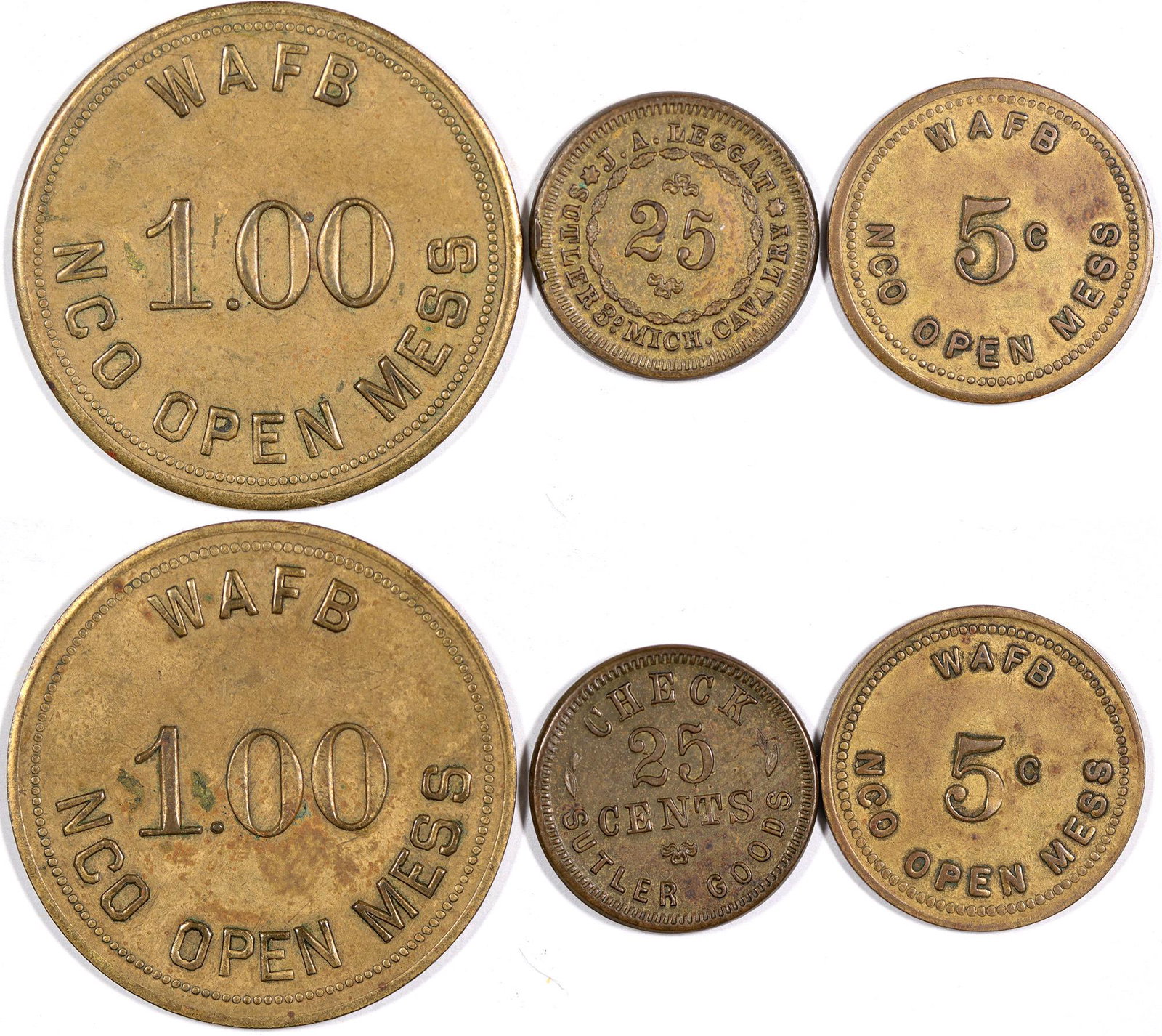 Michigan Military Tokens (124353): Lot of three: Wurksmith AFB (2) GF 5c & $1; J. A. Leggatt 3rd Michigan Cavalry sutler token, Curto #174a.Date: Country (if not USA): State: MichiganCity: Provenance: John Reynolds Collection