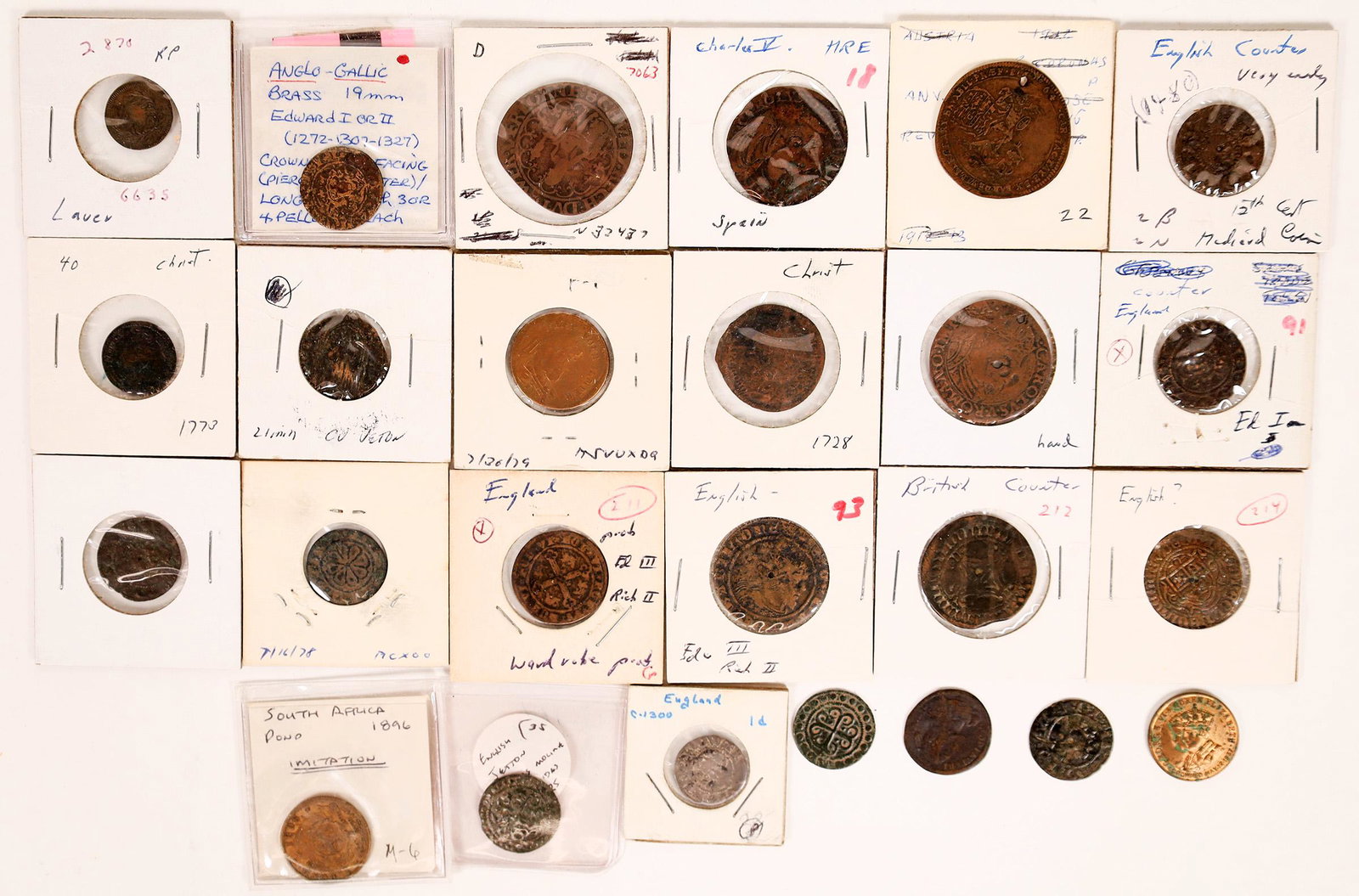 Foreign Token Group #14, Lot of 24 (121871): Lot of 24. Low Countries. Varying Conditions. I.E.; South Africa 1896, imitation. English: Cross both sides. English Counter, 15th century. Spain, Charles V Obv. Bird &Branch Rev. Edward I English Cou