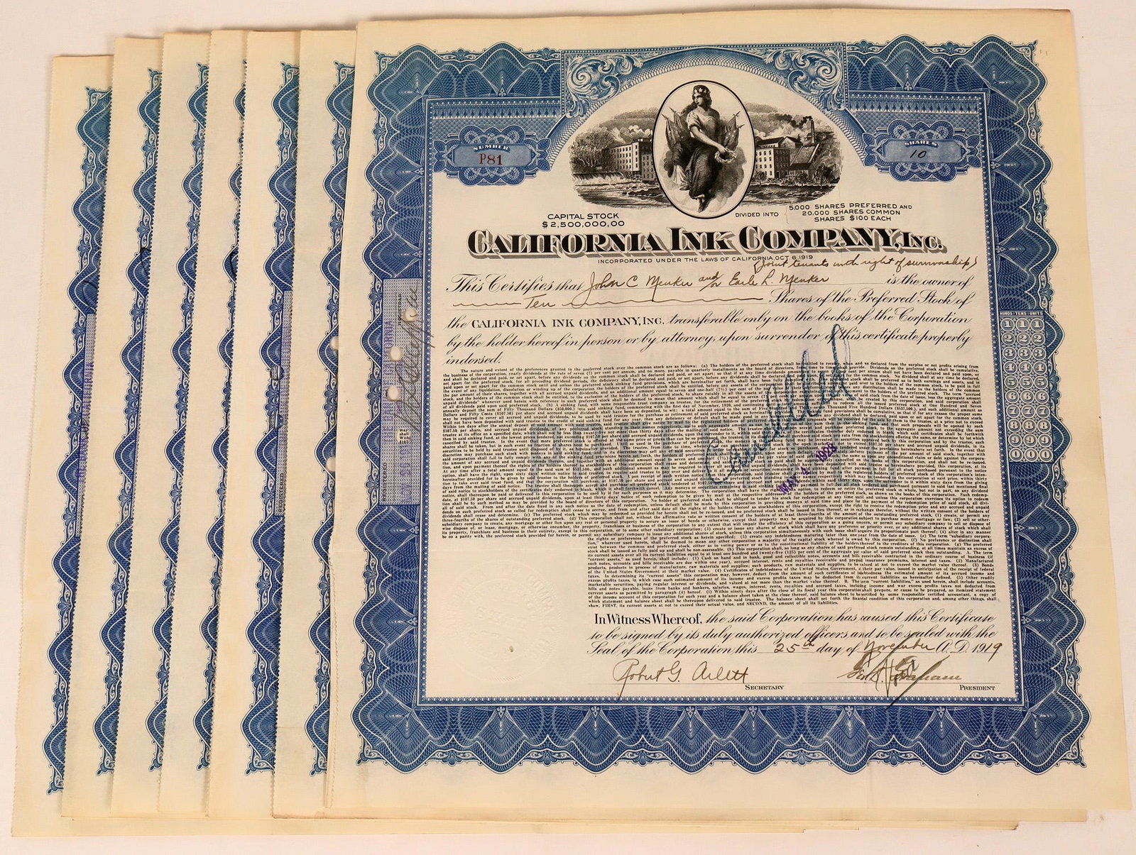 California Ink Company Stock Certificates (10): Lot of ten California Ink Company Preferred Stock Certificates, incorporated in 1919 and all issued in that year. Cancelled. All handsigned by the president Geo. Graham and the secretary Robert G. Arl