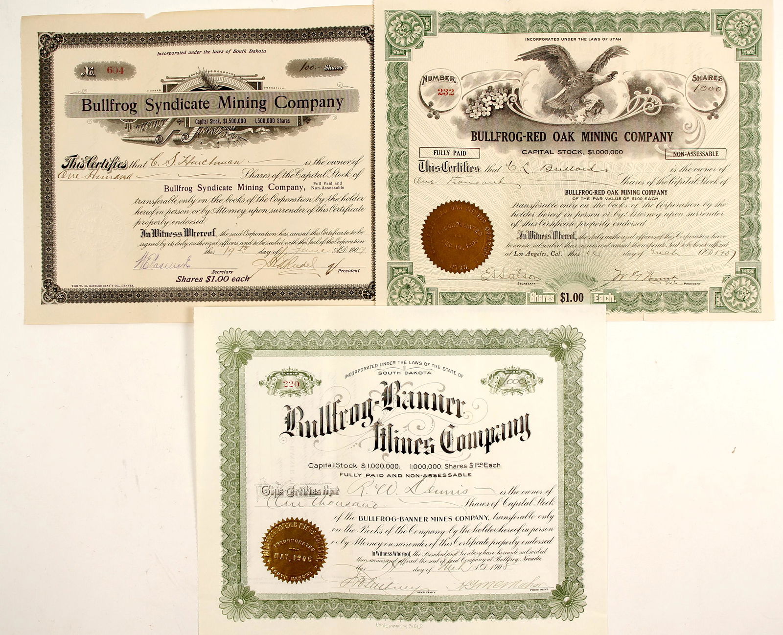 Bullfrog Mining stock (88413): Three stock certificates for Bullfrog Mining stock: 1) 1,000 shares of Bullfrog-Banner Mines Co. #220 issued to R. W. Dennis on March 1, 1908. Gold co. seal and green border. Incorp. in South Dakota.