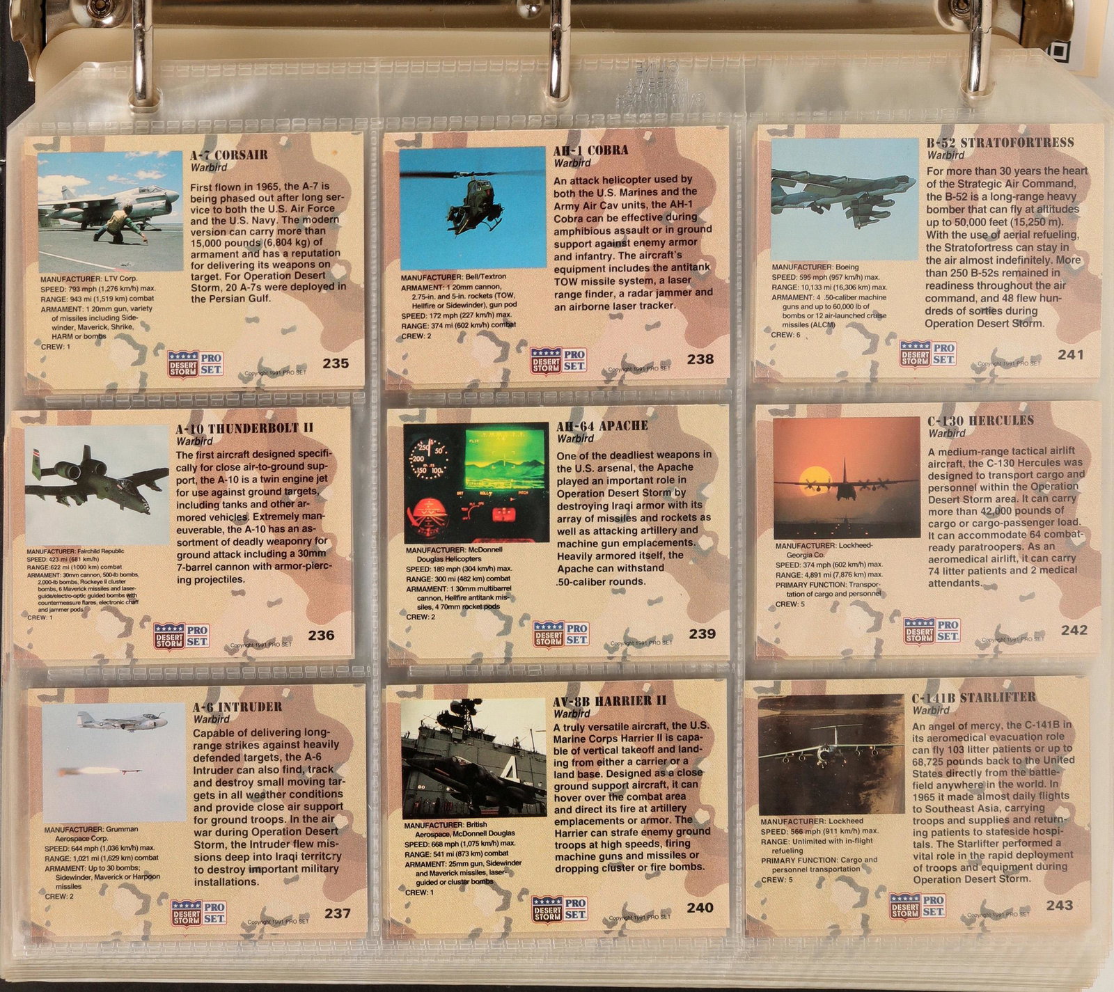 ProSet Desert Storm Trading Cards [~800] (108747): Approximately 800 full-color trading cards featuring the equipment, countries, and national figures involved in Desert Storm. About half of the set is from Topps and the other half is by Pro Set (both