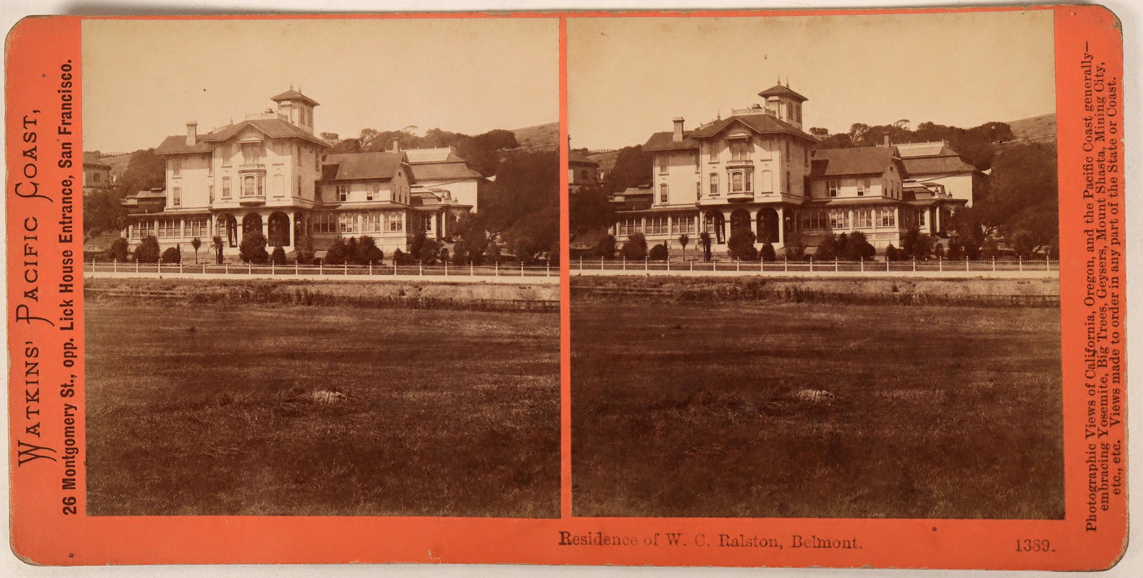 W. C. Ralston house in Belmont, California in: Watkins was an important 19th century photographer. Ralston was the King of the Comstock in Virginia City, Nevada c1870! Number 1389. Carleton E. Watkins (1829[x=#8211/]1916) was an American photograp