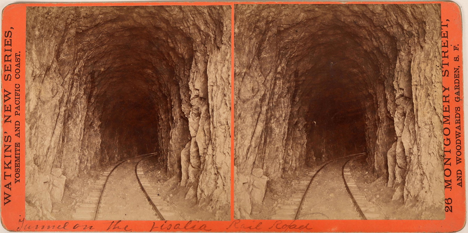 Visalia Railroad Tunnel Railroad Stereoview (123228): Another great Carleton E Watkins photograph and Stereo-view. Photo taken inside a tunnel with railroad tracks and hand written in "Tunnel on the Visalia Rail Road." Rare California railroad. This line