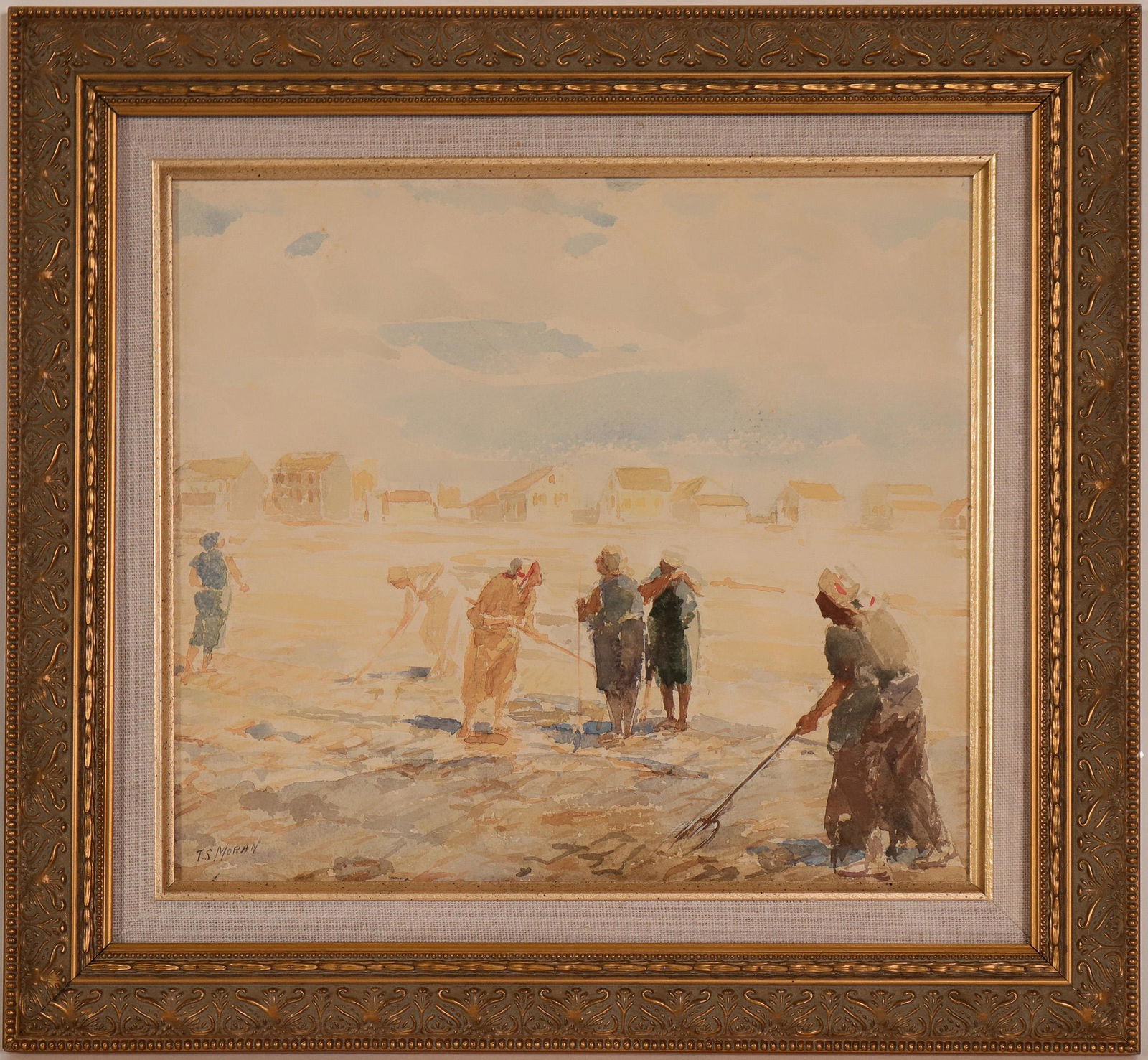 Thomas Sidney Moran Watercolor (117703): Thomas Sidney Moran (1863 - 1930) original watercolor. Signed "T.S. Moran" lower left. Painting: 9" x 9". Beautifully framed with linen liner: 13" x 14". Image of women working in field, houses in bac