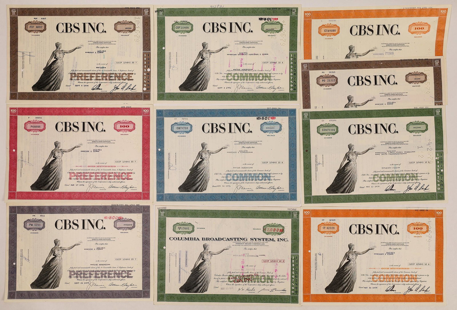 CBS Television Stock Certificates-10 (126555): Ten CBS Inc. stock certificates from the 1970's, a golden time for the network in the quality of shows on its roster. These shows included Mary Tyler Moore, Gunsmoke, Newhart, All In the Family and mo