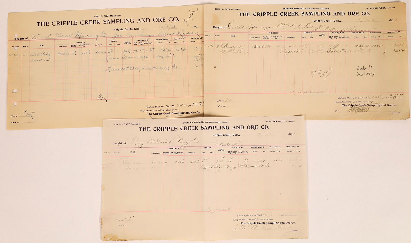 Cripple Creek Sampling and Ore Company Assays, Colorado: Lot of three. 1) $30.54 to the Roy Gold Crater Mining Company. SP Duff was treasurer of the Pride of the Rockies Mining Company. Assayed at $18.60 per ton. The form has Charles L. Tutt listed as presi