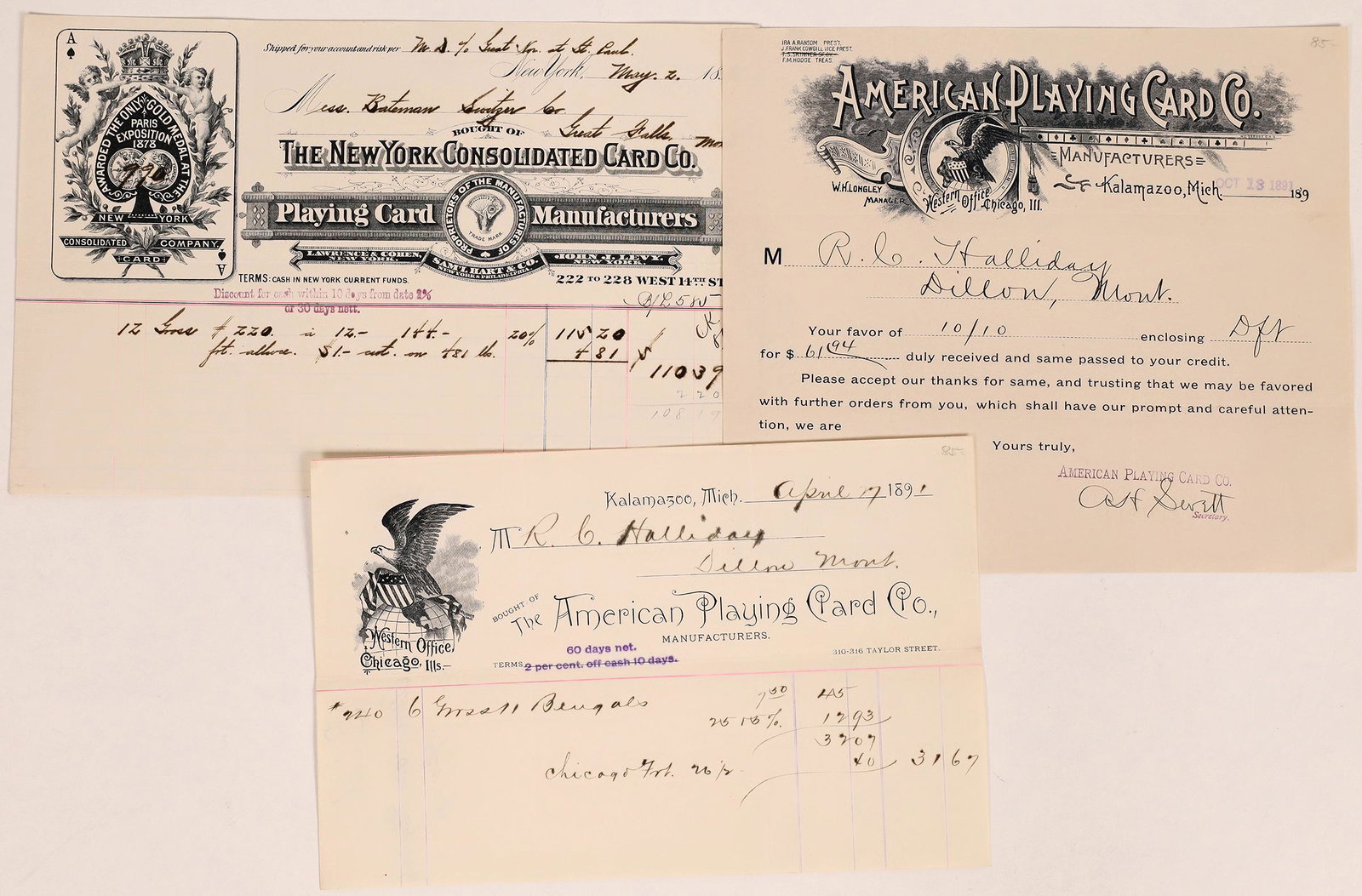 Three US Playing Card Company Billheads (109280): Lot of 3 different. 1) Fantastic pictorial billhead from the New York Consolidated Card Company issued in 1898. Issued to merchants in Great Falls, Montana. Vignette of Ace of Spades card advertising