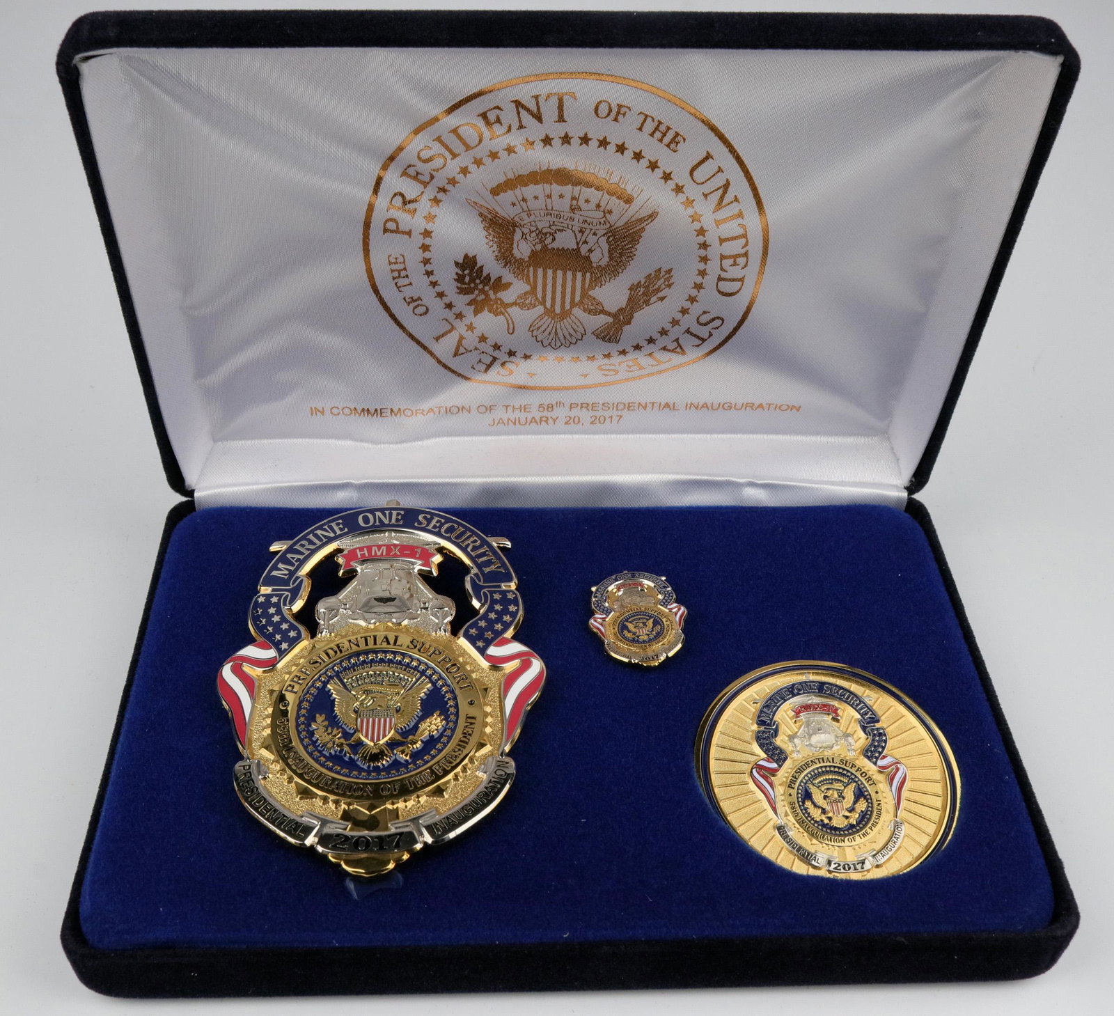 Marine One , HMX-1, Inauguration Commemorative: Made by Collinson, solid brass, 24k pure gold and rhodium plate. This is a complete presentation box w/Badge, lapel pin (mini badge) and Challenge coin, satin liner, gold foil on satin and outside of 