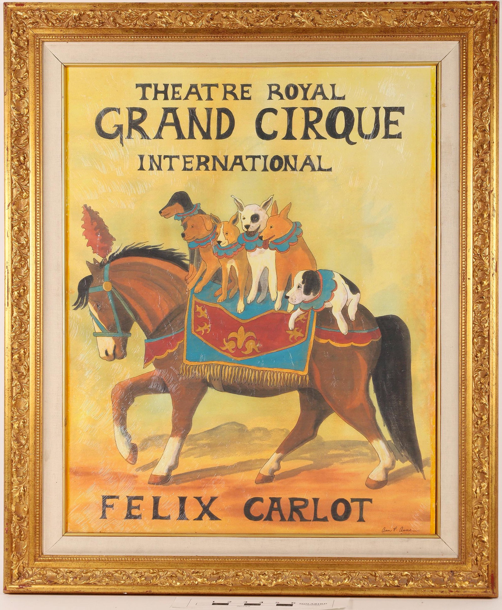 Grand Cirque Print (122303): A framed print of a Grand Cirque poster featuring six dogs on a brown circus horse. Poster is signed by Ann P. Aune and is not dated. Print on poster reads, "Theatre Royal Grand Cirque International F