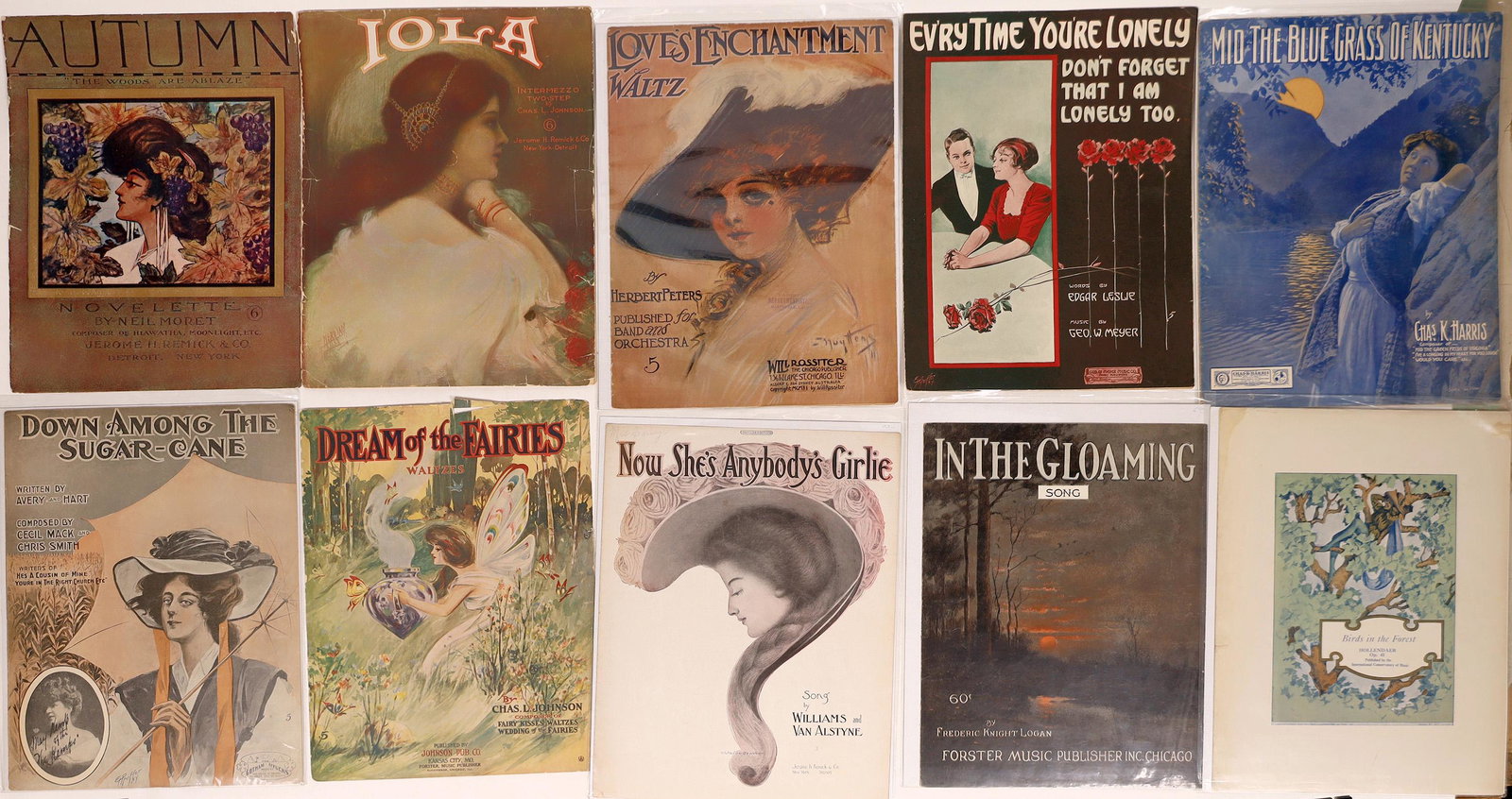 Art of Sheet Music Assortment (124664): Lot of ten pieces by nine different artists: 1) Wm. Young, "Birds in the Forest" (E); 2) Van Allen, "Mid The Blue Grass Of Kentucky (E); 3) Tunison, "In The Gloaming" Chicago, (E); 4) Ward Traver, "No
