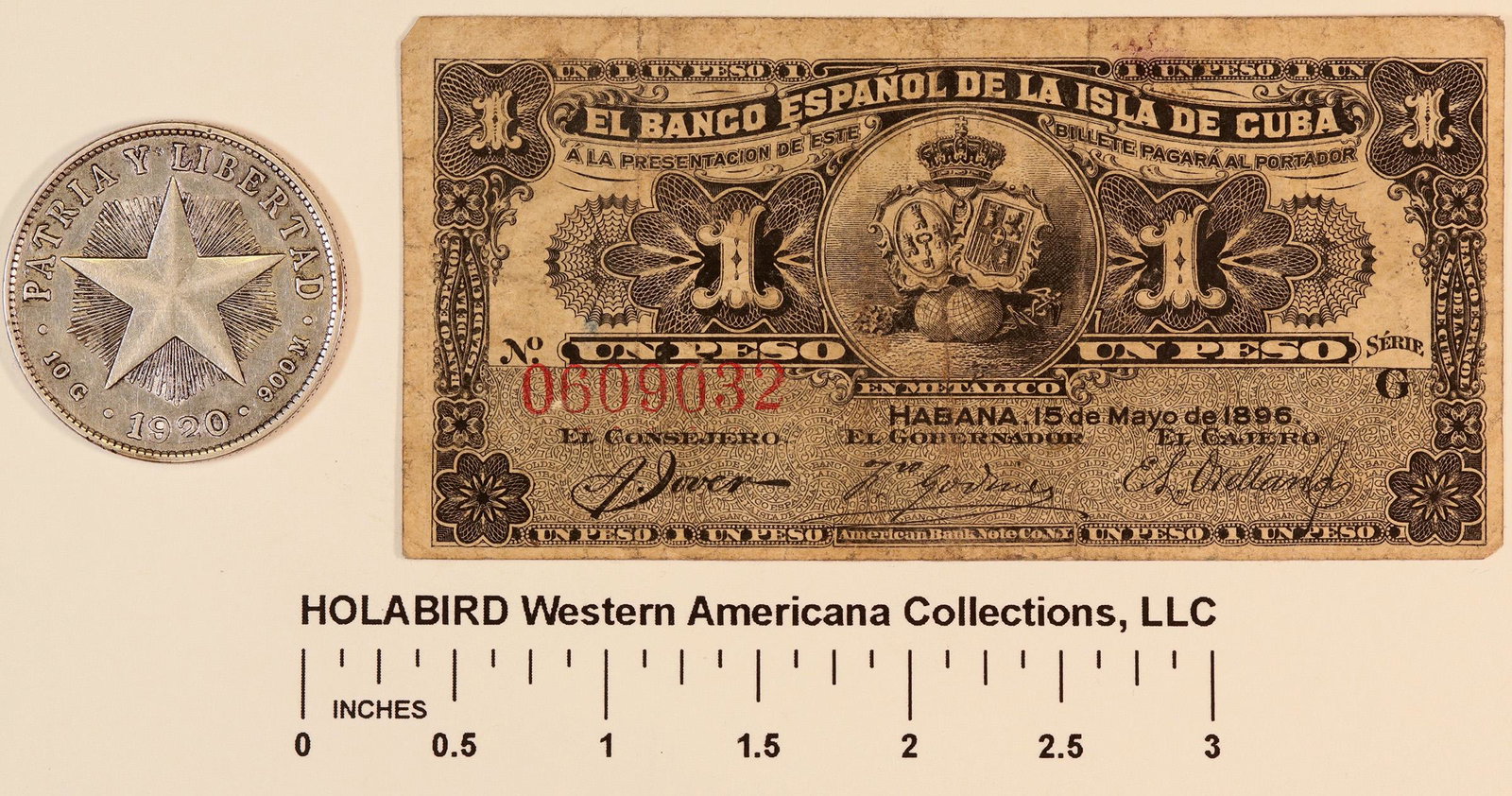 Cuban Coin and Currency (124448): Two examples of Cuban money: 1) 1920 silver Cuarenta Centavos; KM 14.3, Fineness: 0.9000, Weight: 10.0 g, ASW: 0.2894oz., F-VF condition. 2) 1896 Un Peso banknote from El Banco Espanol De La Isla De C