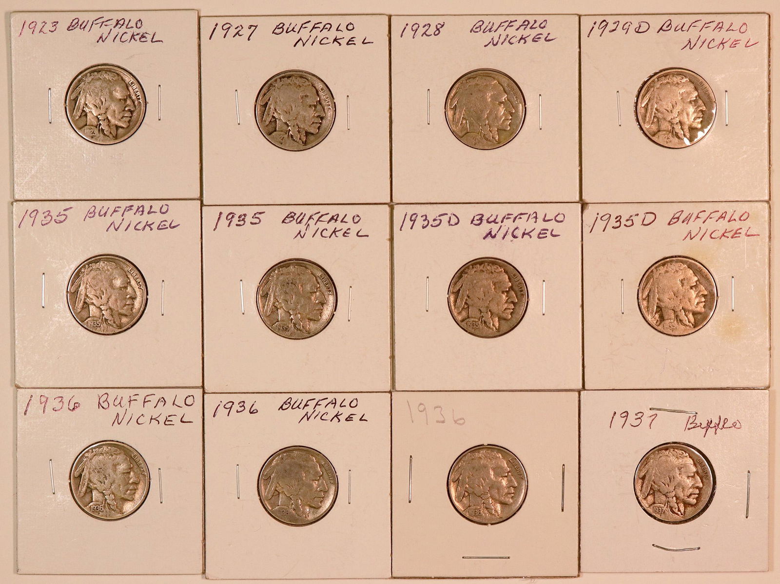 Buffalo Nickels (124445): Lot of twelve G-F condition Buffalo Nickels: 1923; 1927; 1928; 1929-D; 1935-D (2); 1935 (2); 1936 (3); 1937. Date: Country (if not USA): State: City: Provenance: ATTENTION CHRISTMAS SHOPPERS! If you[x